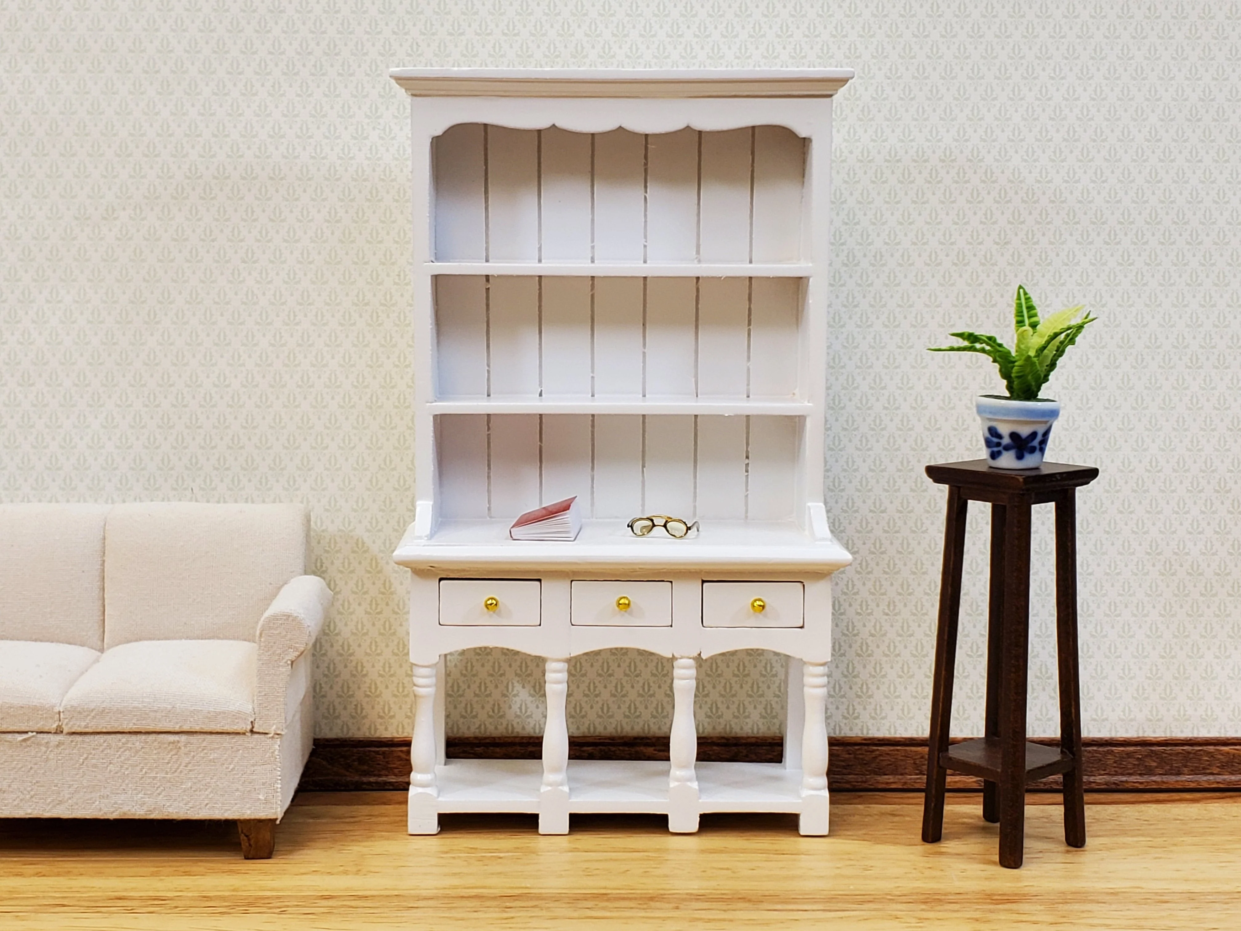 Dollhouse Kitchen Hutch Cupboard with Pot Shelf WHITE 1:12 Scale Furniture - Image 4