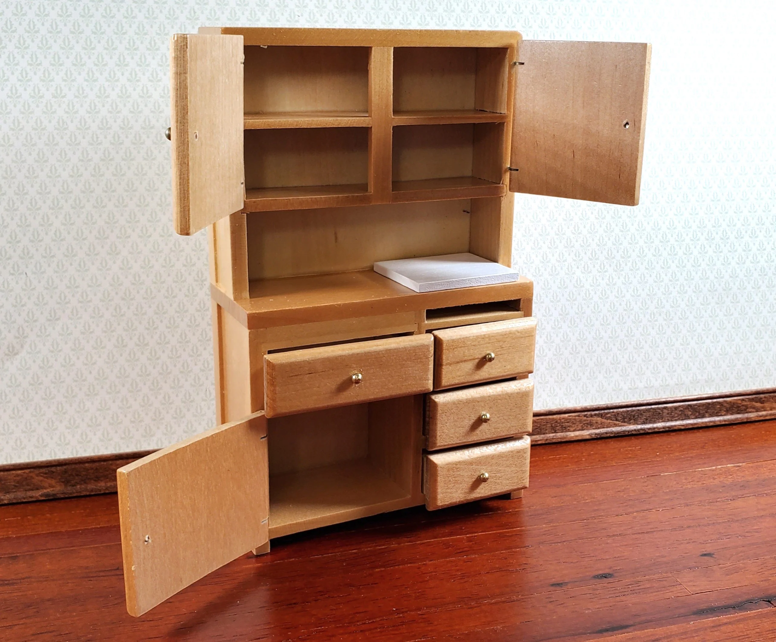 Dollhouse Kitchen Set Sink Fridge Table 1:12 Scale Furniture Light Oak Finish - Image 4