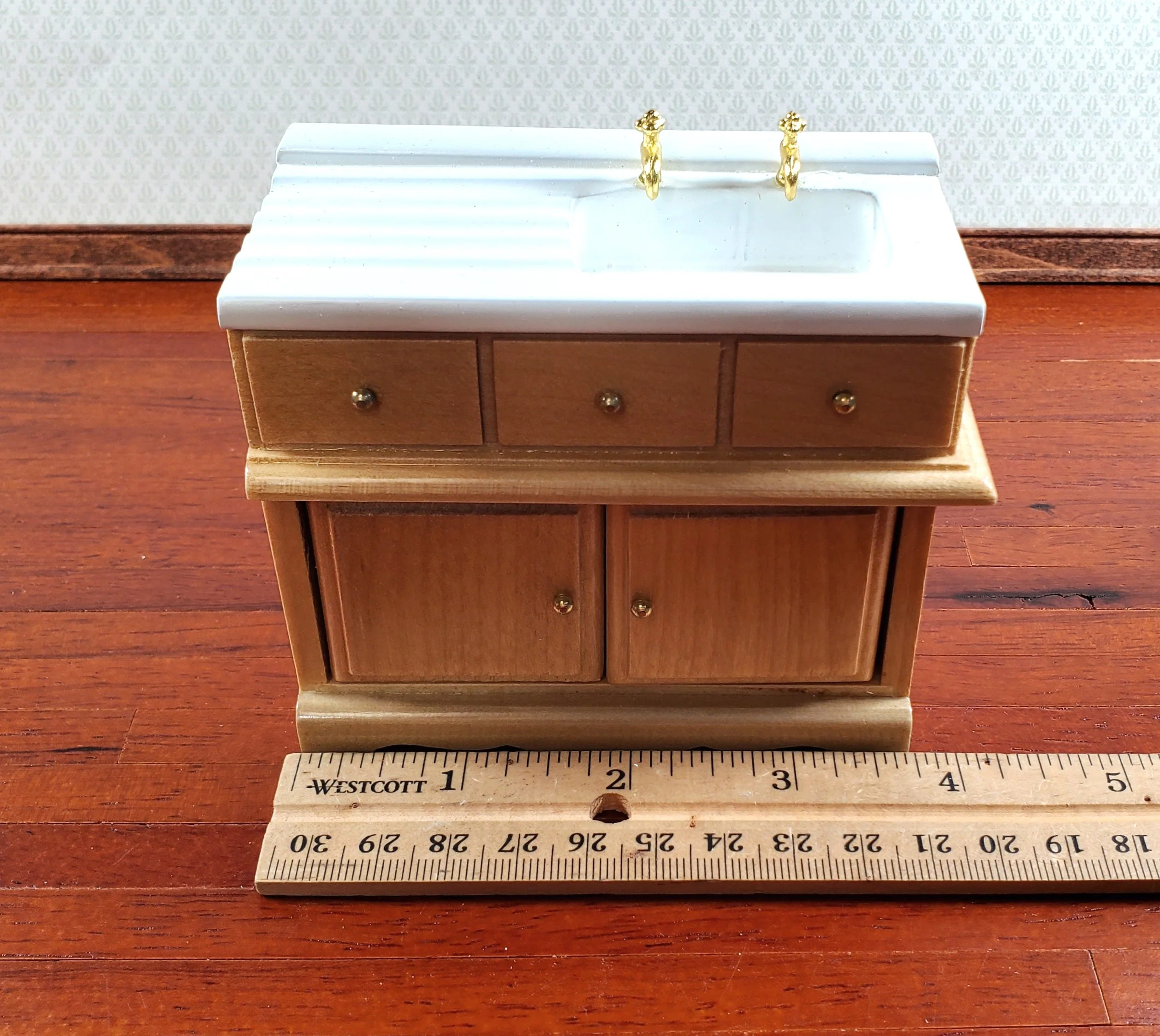 Dollhouse Kitchen Set Sink Fridge Table 1:12 Scale Furniture Light Oak Finish - Image 6