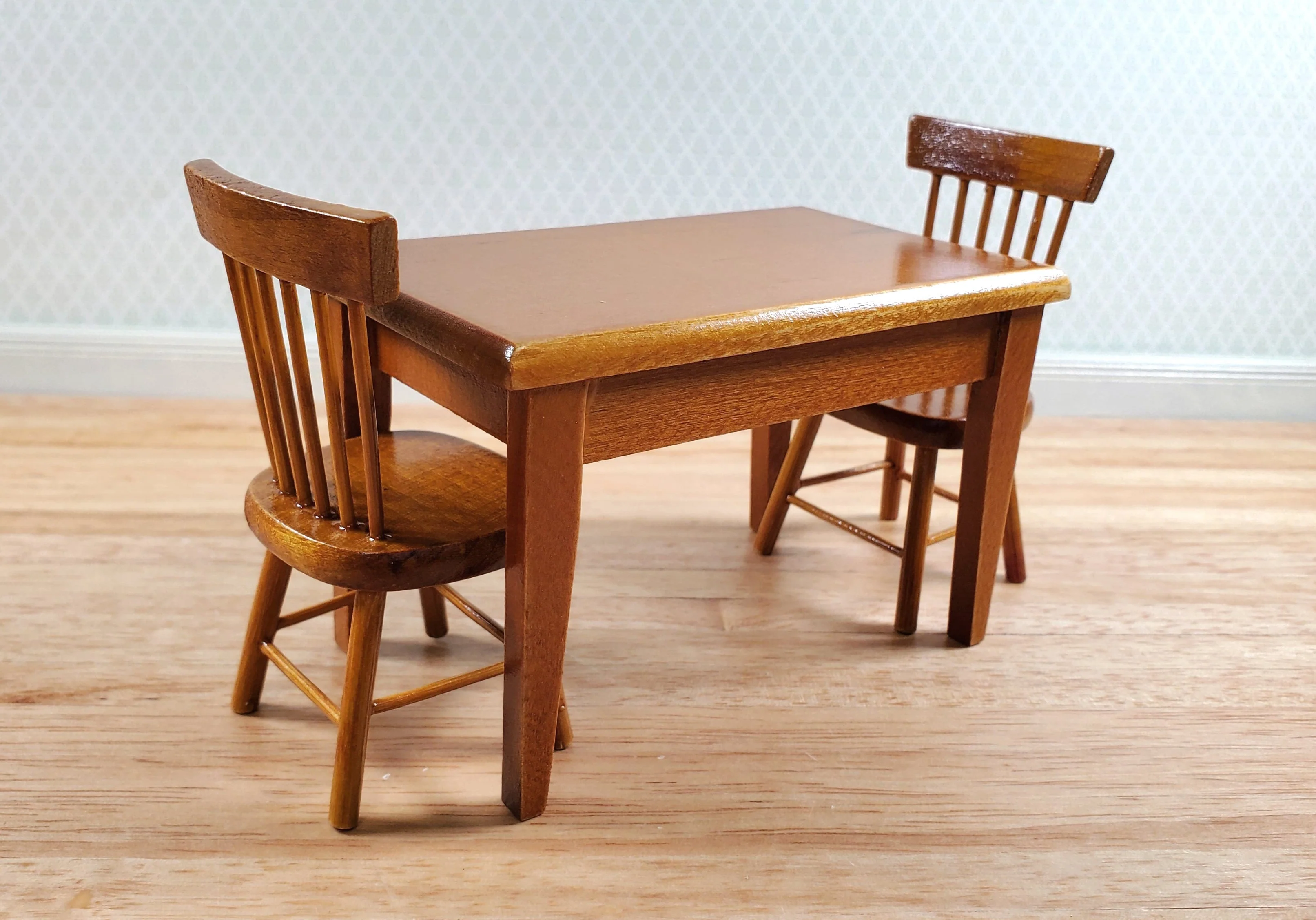 Dollhouse Kitchen Set Sink Fridge Table Chair 1:12 Scale Furniture Walnut Finish - Image 2