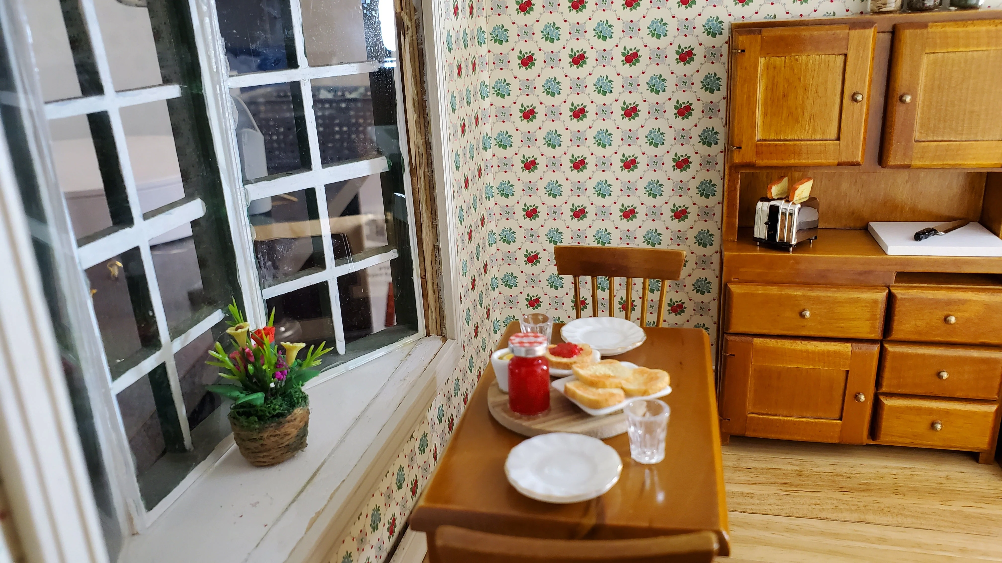 Dollhouse Kitchen Set Sink Fridge Table Chair 1:12 Scale Furniture Walnut Finish - Image 4