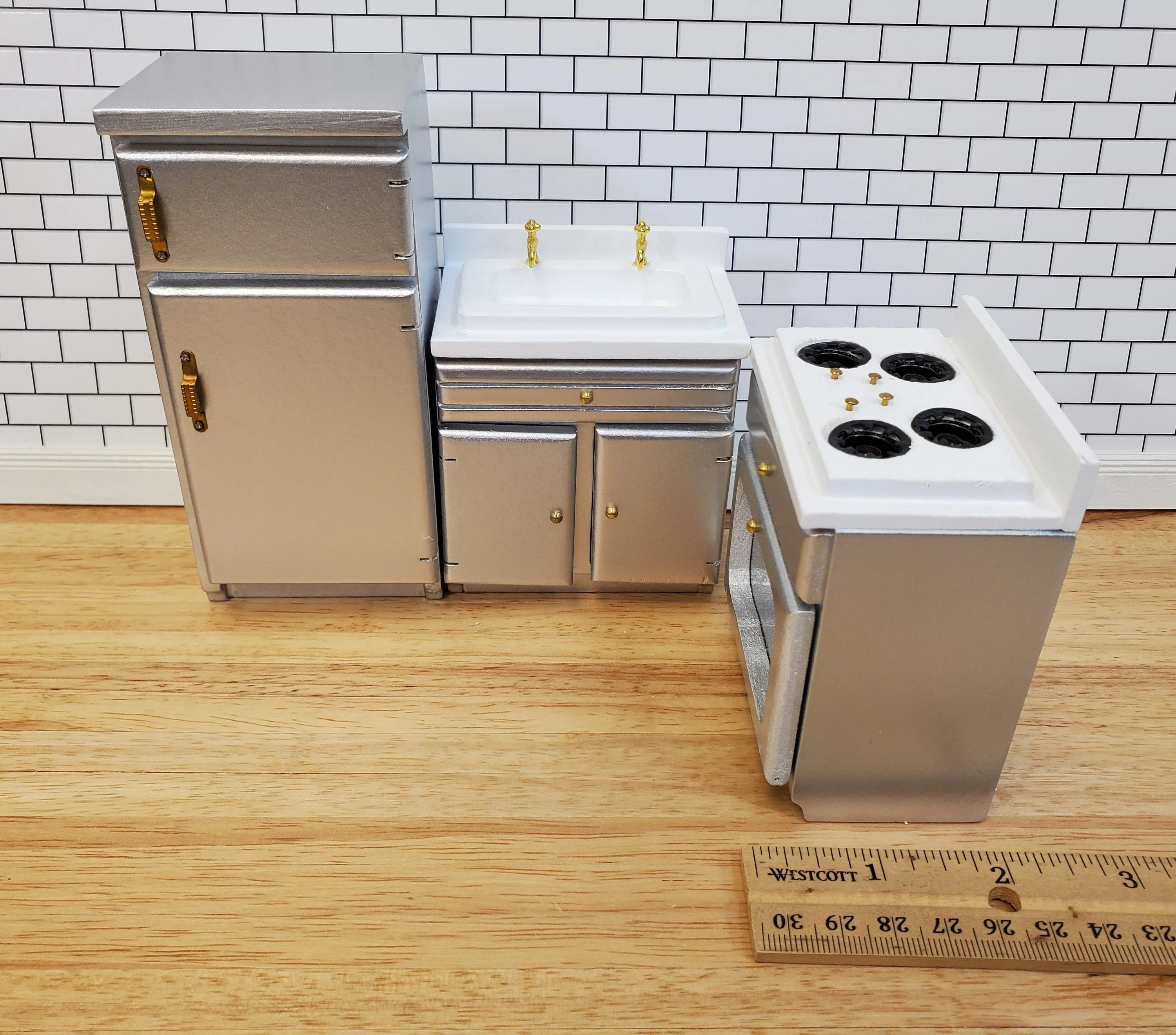 Dollhouse Kitchen Set Stove Refrigerator Sink Modern Silver 1:12 Scale Furniture - Image 7