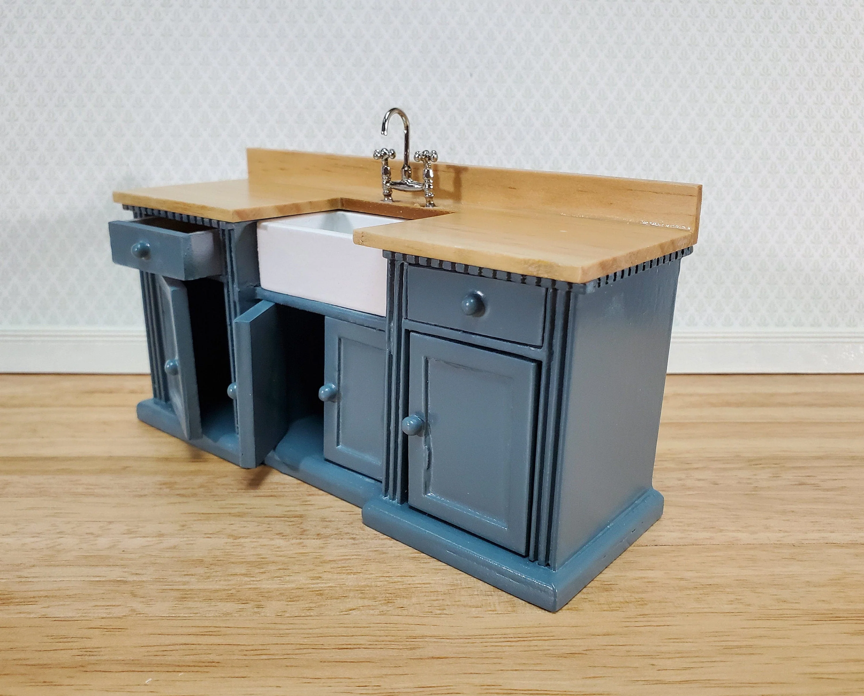 Dollhouse Kitchen Sink Cabinet 1:12 Scale Miniature Blue/Gray Farmhouse Style - Image 3