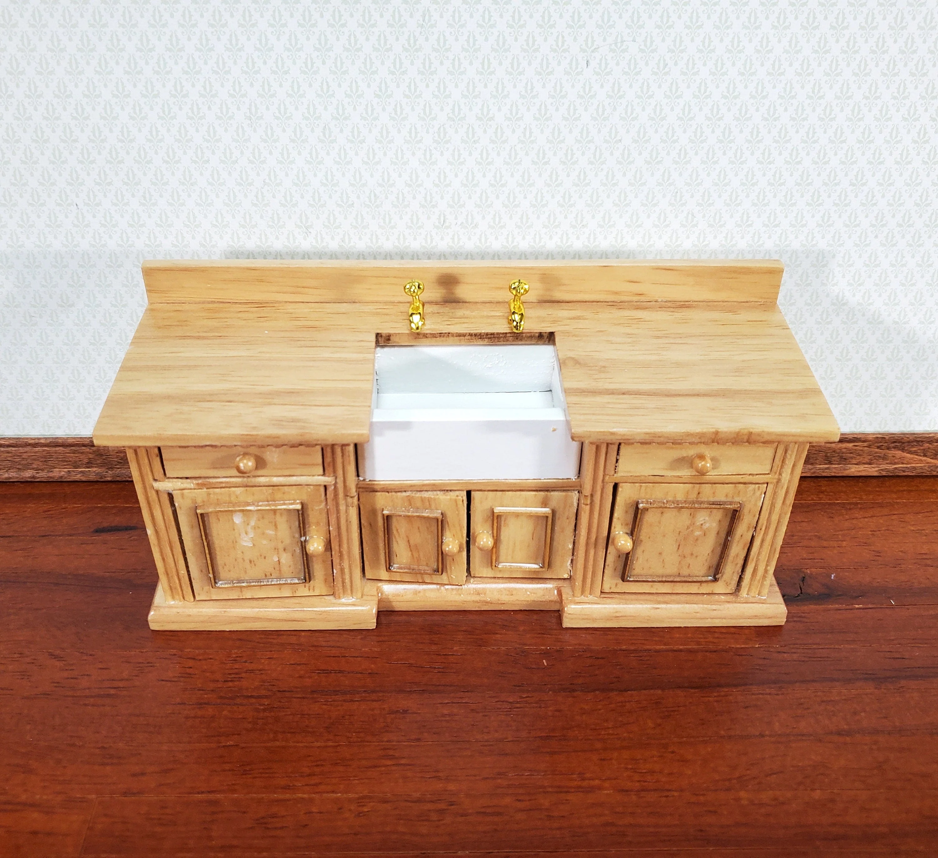 Dollhouse Kitchen Sink Cabinet 1:12 Scale Miniature Dentil Trim Furniture Light Oak - Image 2