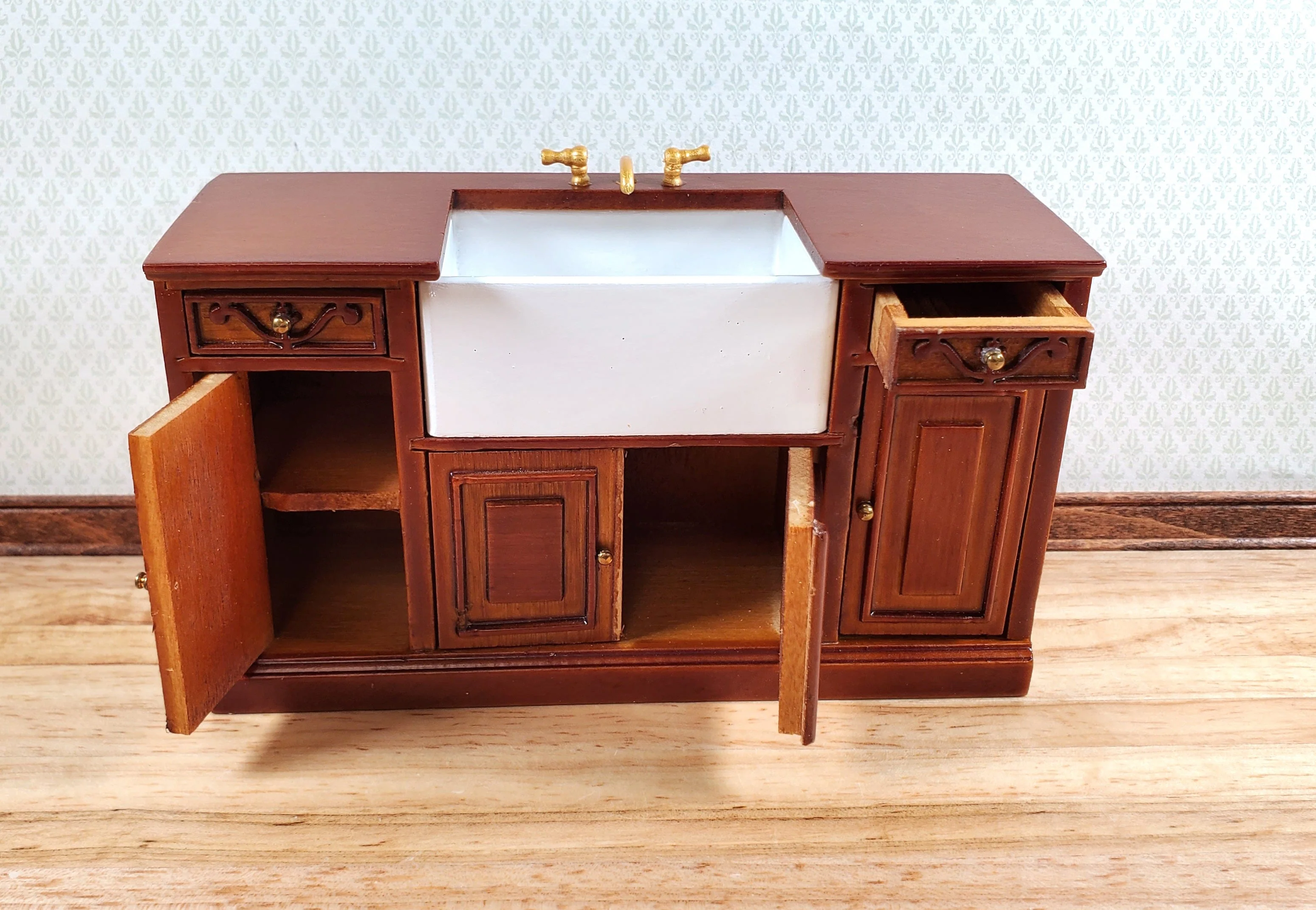 Dollhouse Kitchen Sink Farmhouse Cabinet Style Walnut 1:12 Scale Miniature - Image 3