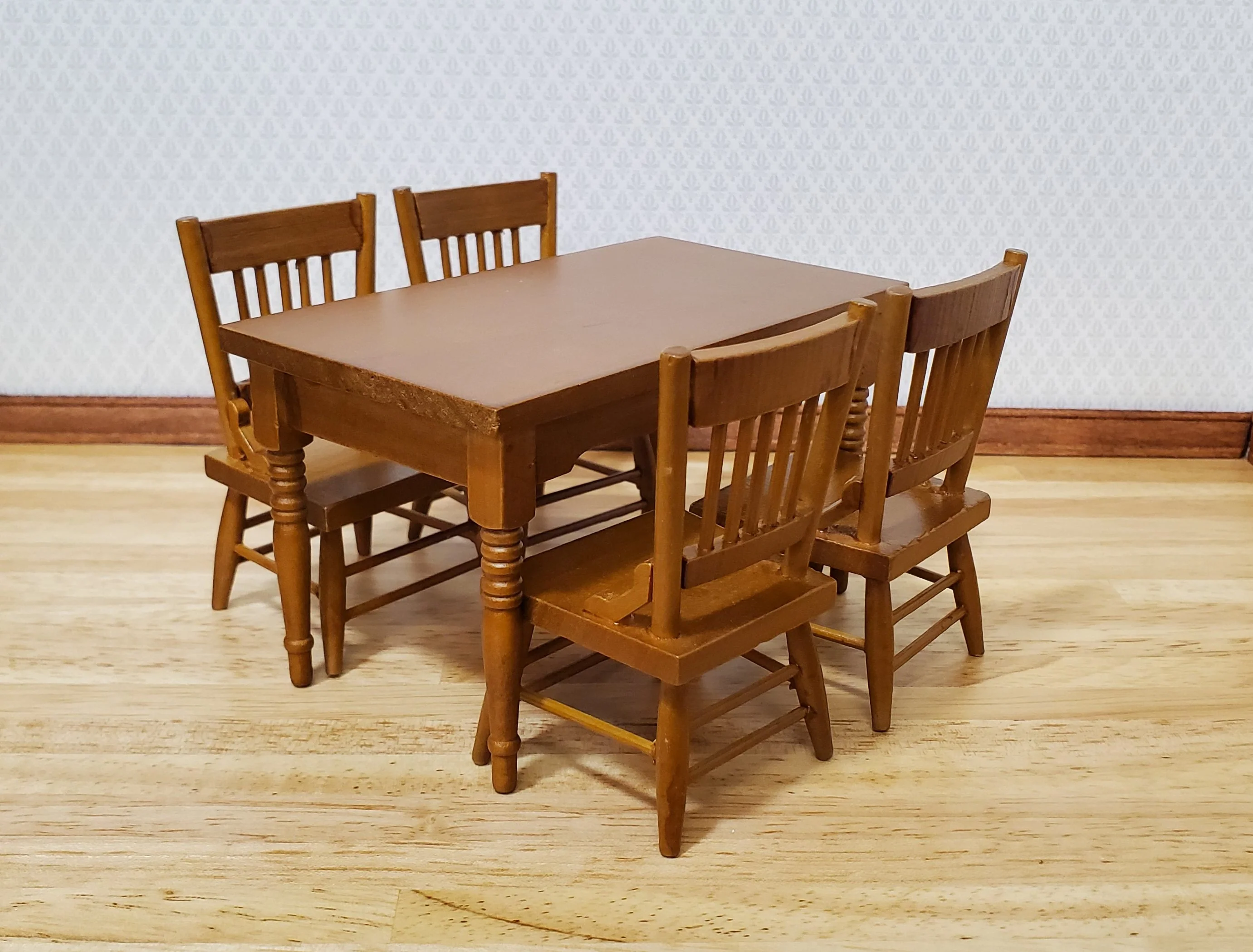 Dollhouse Kitchen Table & 4 Chairs Set Walnut Finish 1:12 Scale Furniture - Image 3