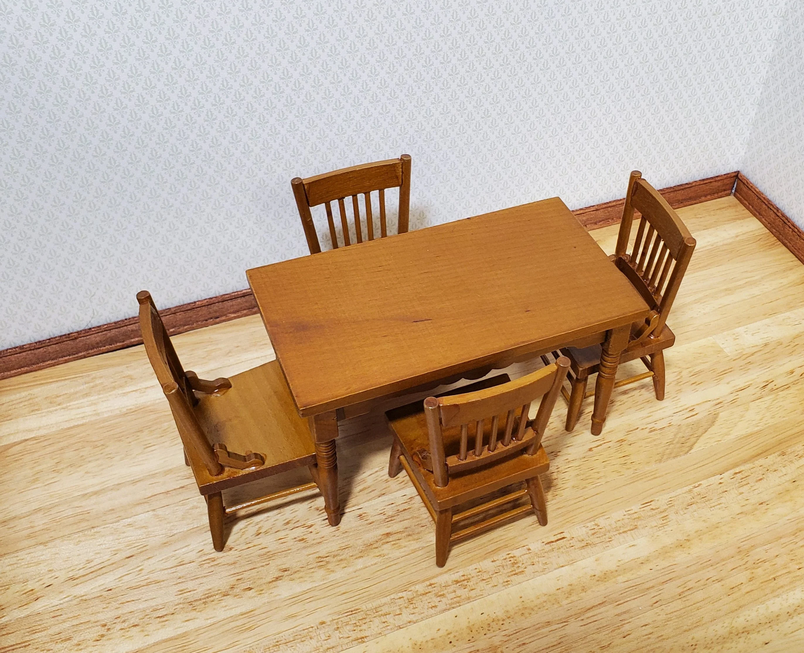 Dollhouse Kitchen Table & 4 Chairs Set Walnut Finish 1:12 Scale Furniture - Image 5