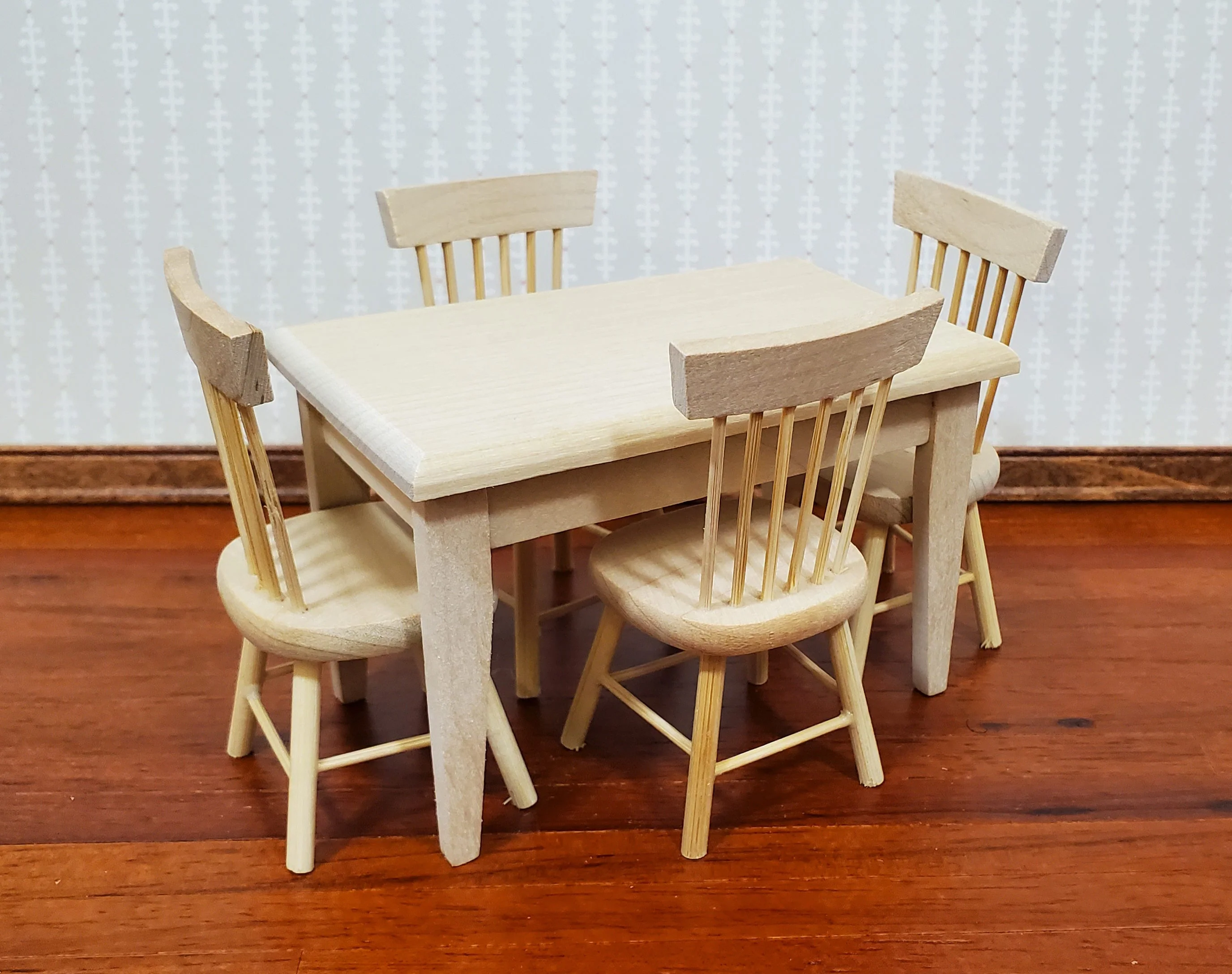 Dollhouse Kitchen Table with 4 Chairs Unpainted 1:12 Scale Miniature Furniture - Image 2