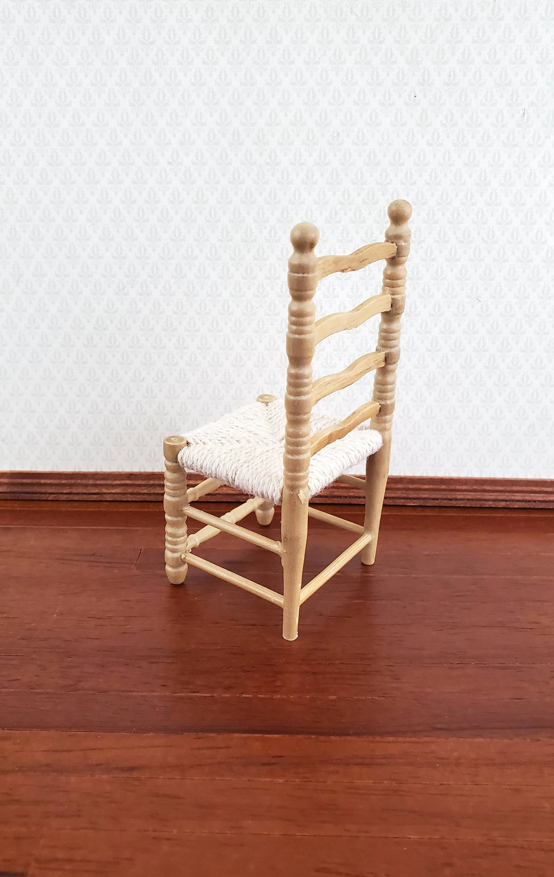 Dollhouse Ladderback Chair Turned Legs Rush Seat Light Oak Finish 1:12 Scale Miniature Furniture - Image 3
