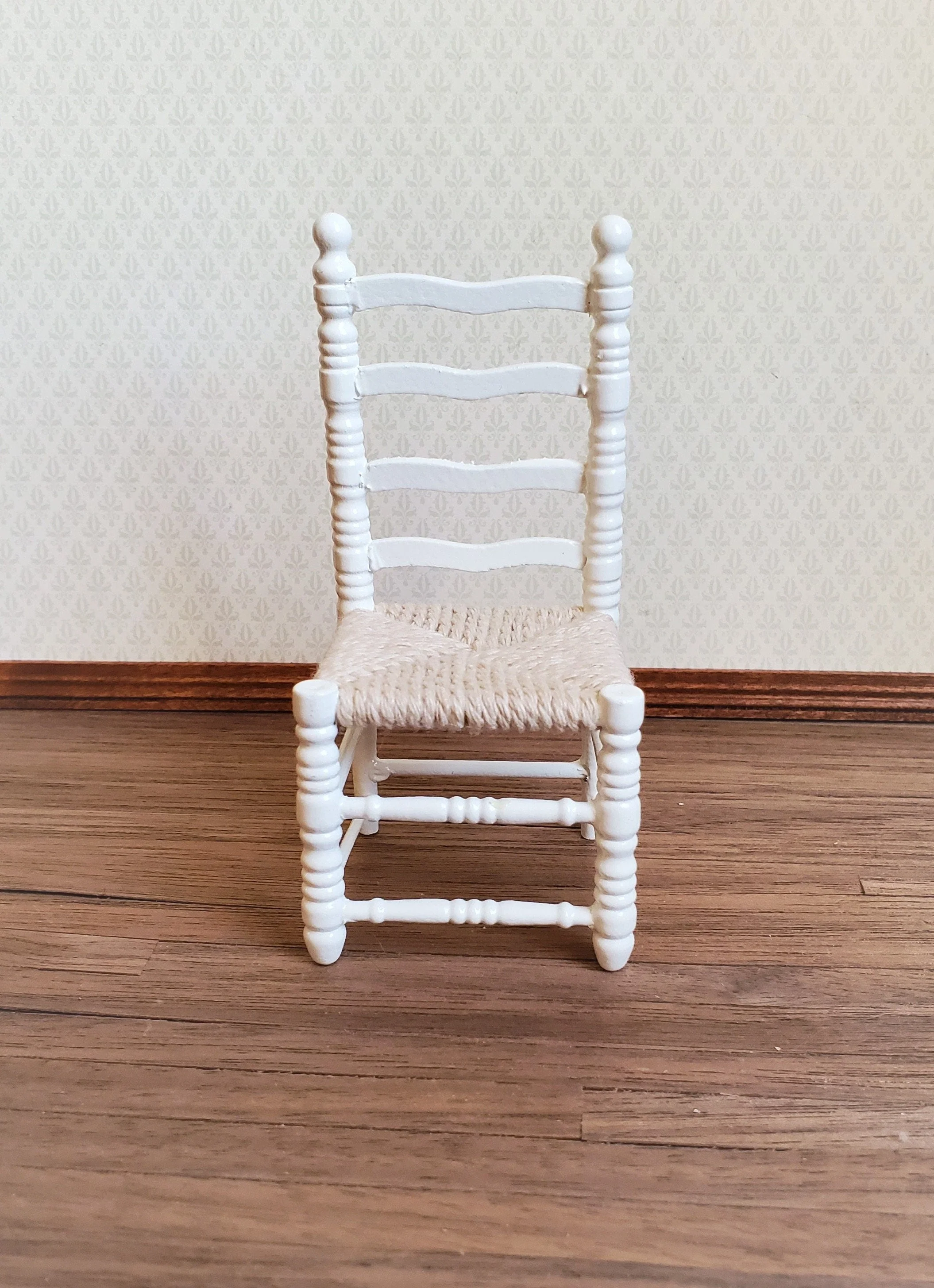 Dollhouse Ladderback Chair White Turned Legs Rush Seat 1:12 Scale Miniature Furniture - Image 3