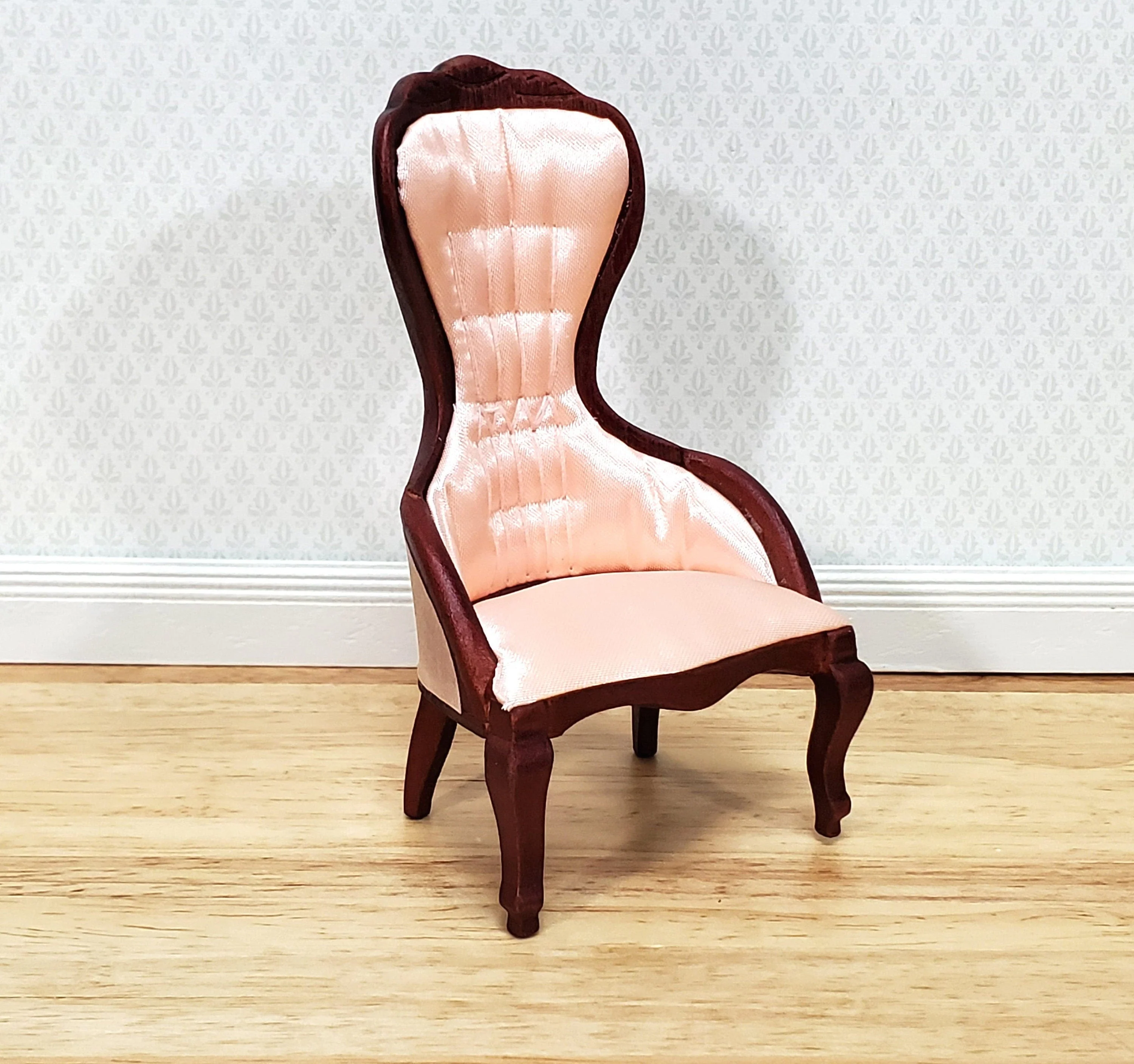 Dollhouse Ladies Chair Victorian Pink & Mahogany Finish 1:12 Scale Miniature Furniture