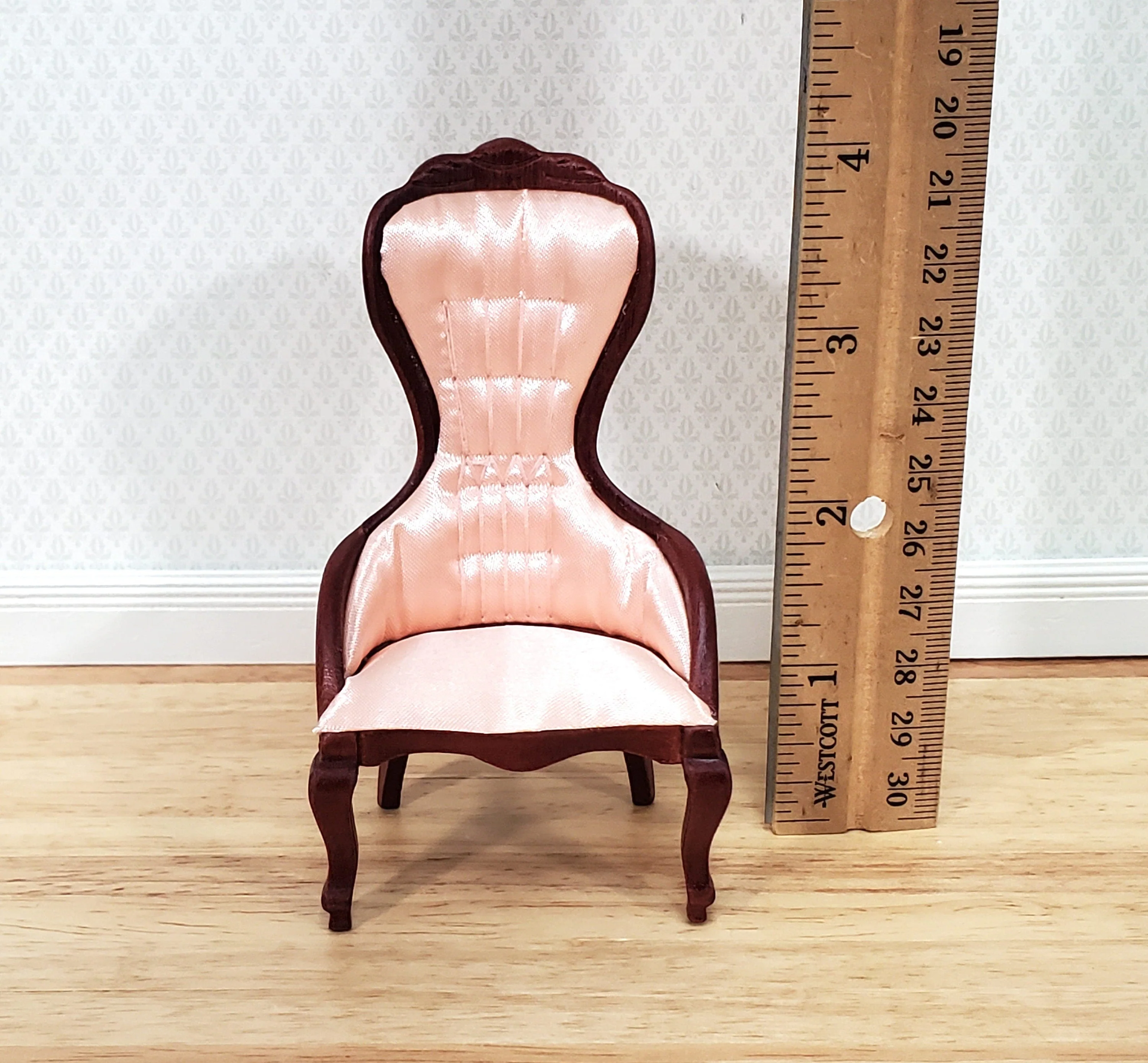 Dollhouse Ladies Chair Victorian Pink & Mahogany Finish 1:12 Scale Miniature Furniture - Image 4