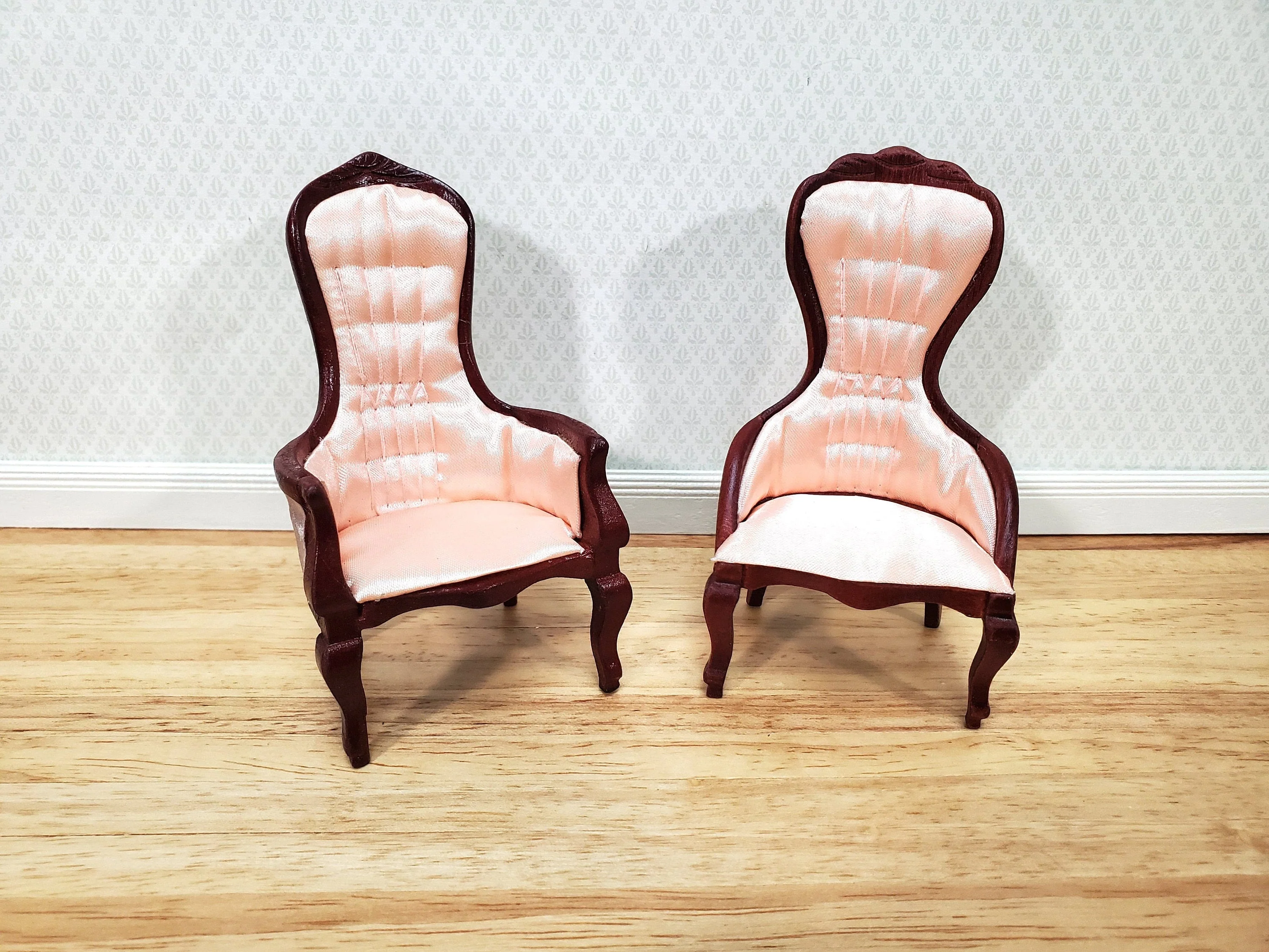 Dollhouse Ladies Chair Victorian Pink & Mahogany Finish 1:12 Scale Miniature Furniture - Image 6
