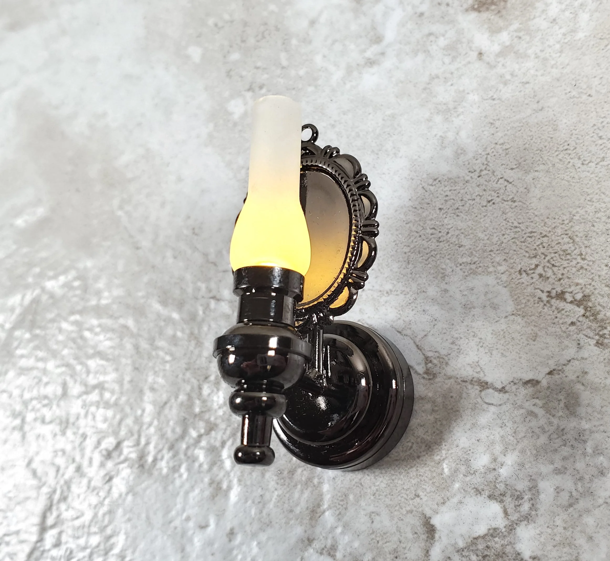 Dollhouse Large Black Chrome Wall Sconce Wand Operated 1:12 Scale Miniature