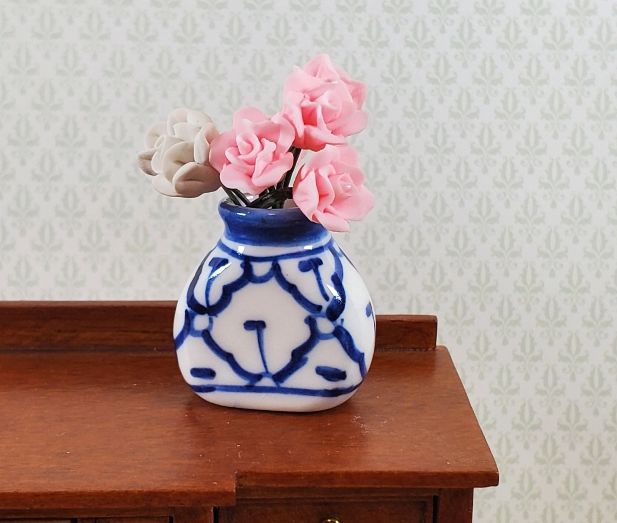 Dollhouse Large Blue & White Decorative Vase Flat Sides 1:12 Scale Miniature - Image 3