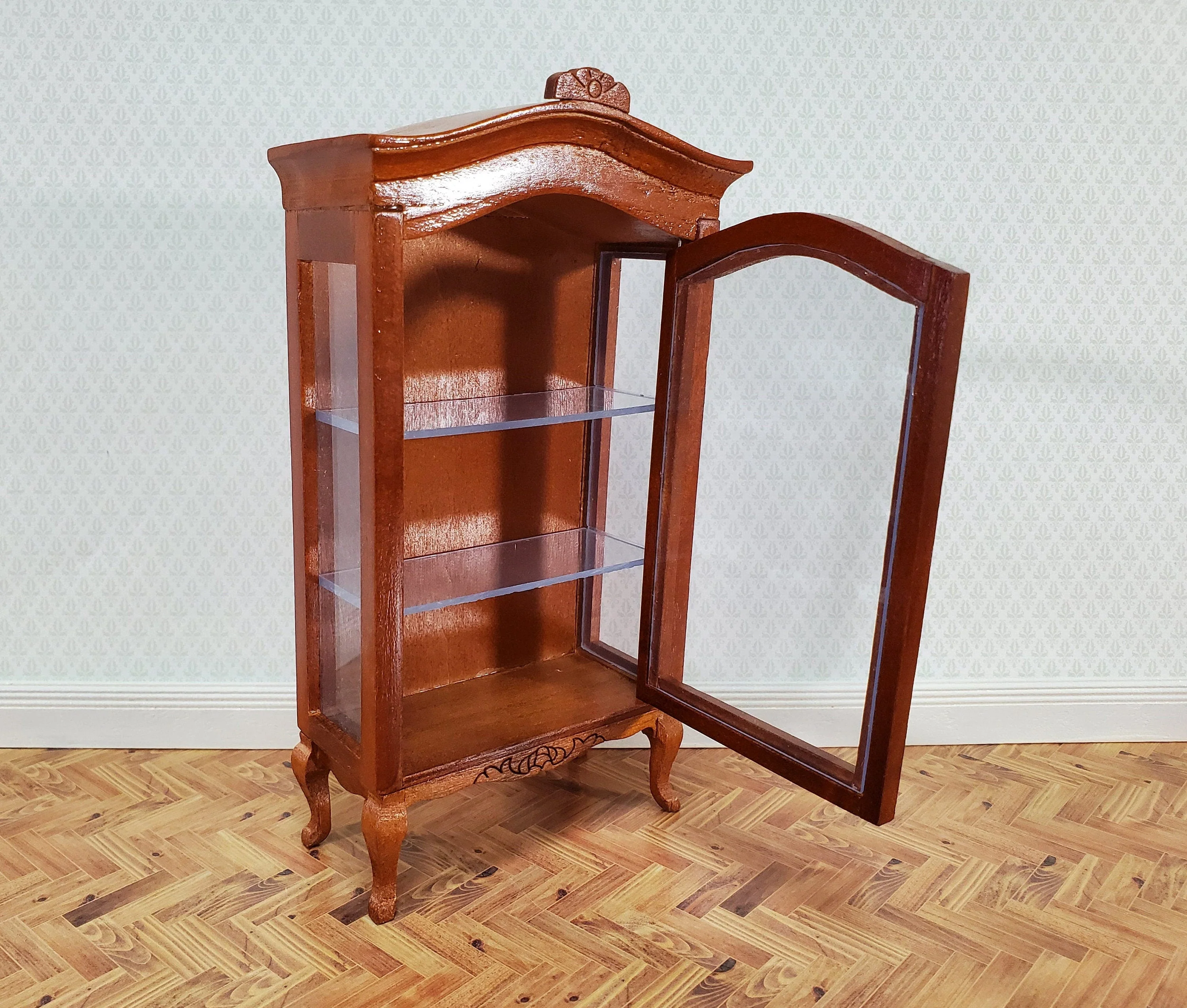 Dollhouse Large Curio Cabinet with Door Walnut Finish 1:12 Scale Miniature Furniture - Image 2