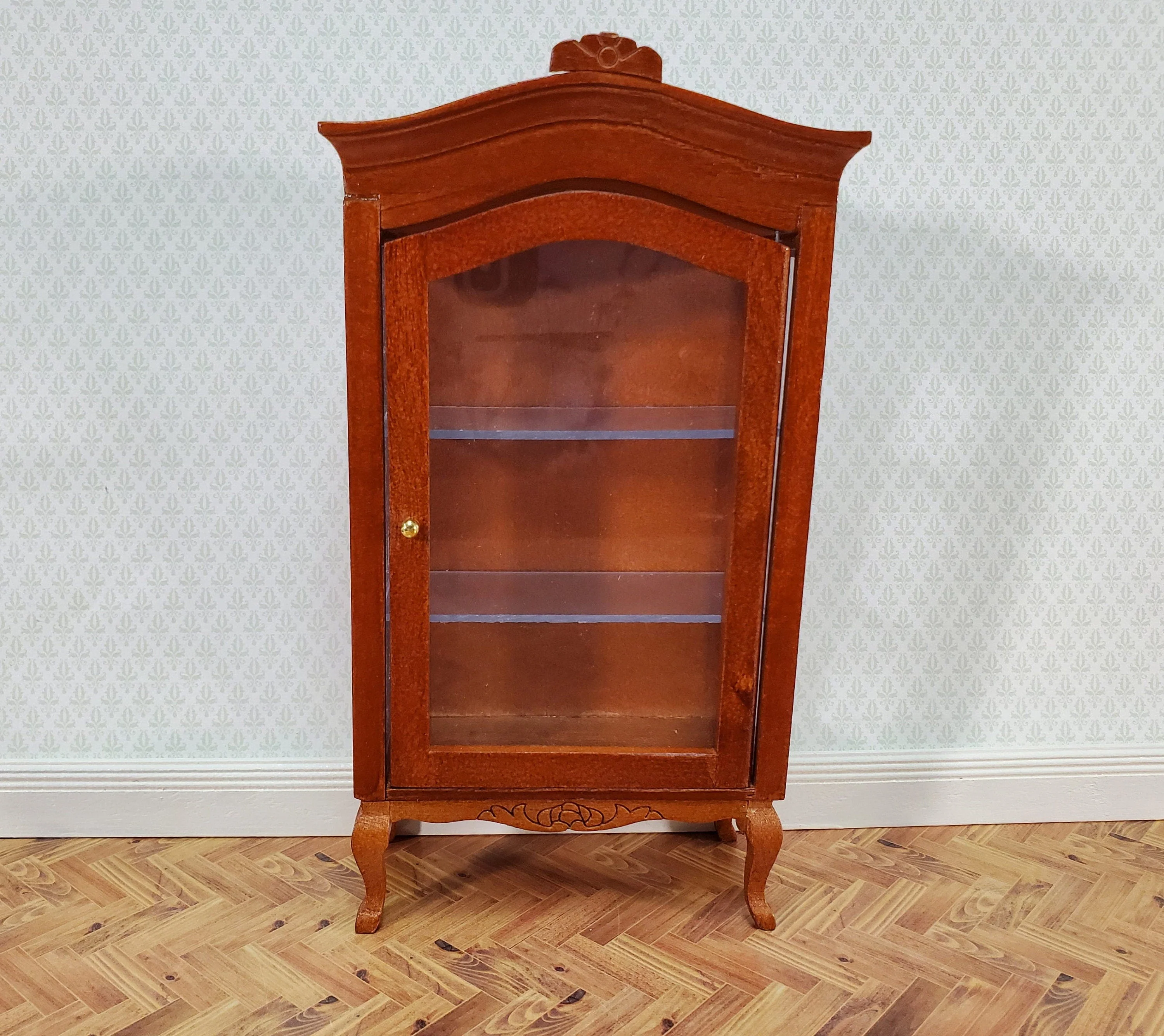 Dollhouse Large Curio Cabinet with Door Walnut Finish 1:12 Scale Miniature Furniture - Image 3