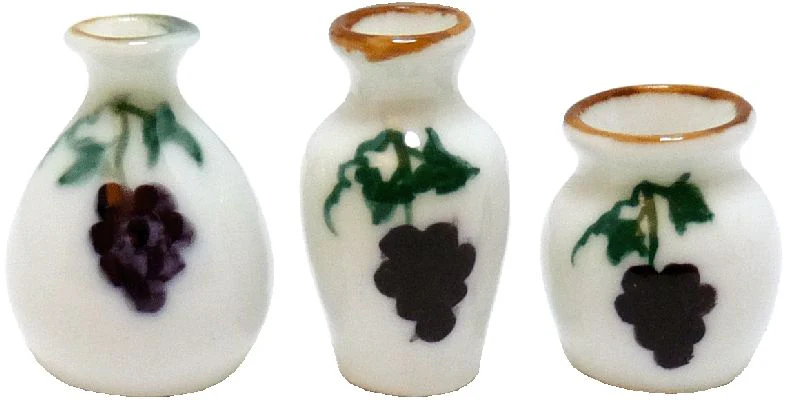 Dollhouse Large Glazed Ceramic Vases Grapes Motif Set of 3 1:12 Scale Miniatures