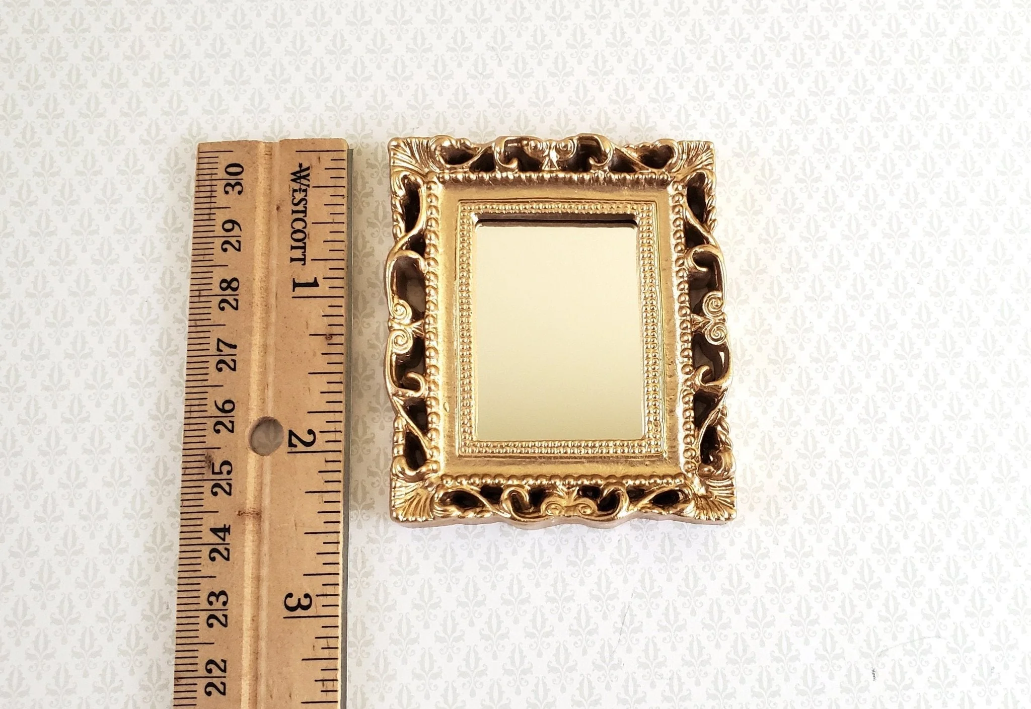 Dollhouse Large Mirror with Fancy Gold Frame 1:12 Scale Miniature 2 1/2" x 2 1/4" - Image 3