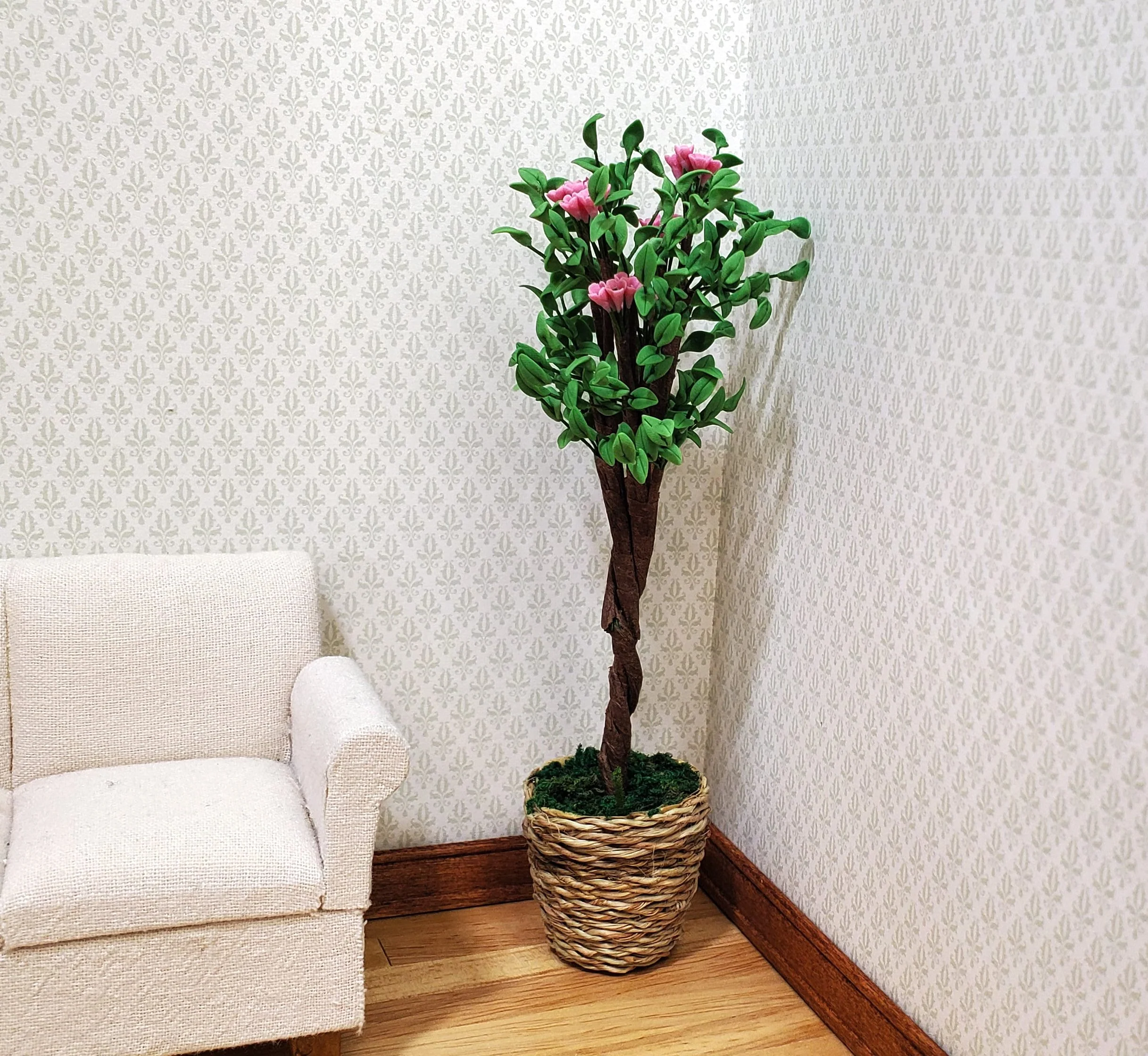 Dollhouse Large Ornamental Flowering Tree in Woven Basket 1:12 Scale Miniature - Image 2