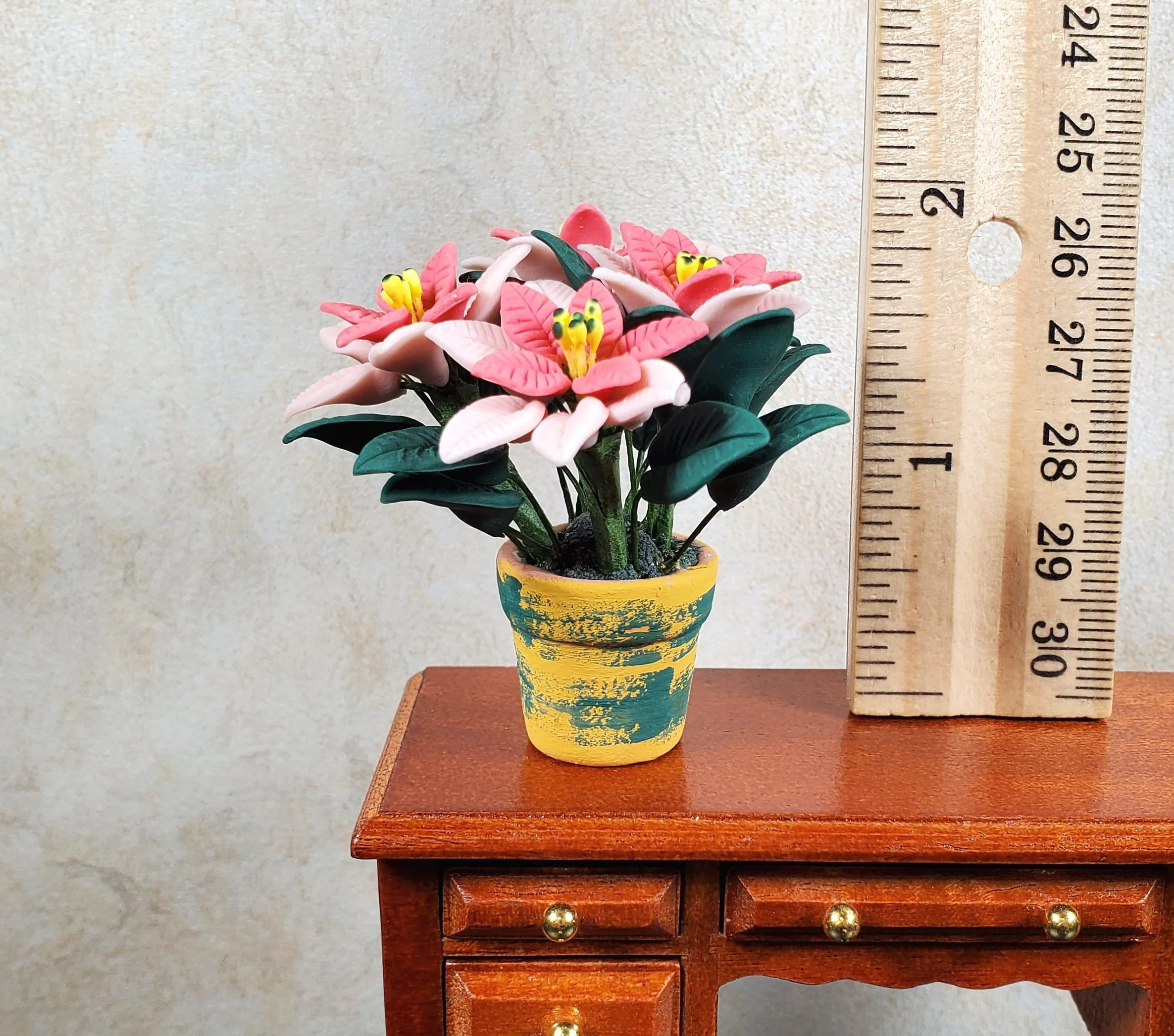Dollhouse Large Pink Poinsettias in Yellow and Green Pot 1:12 Scale Miniature - Image 3