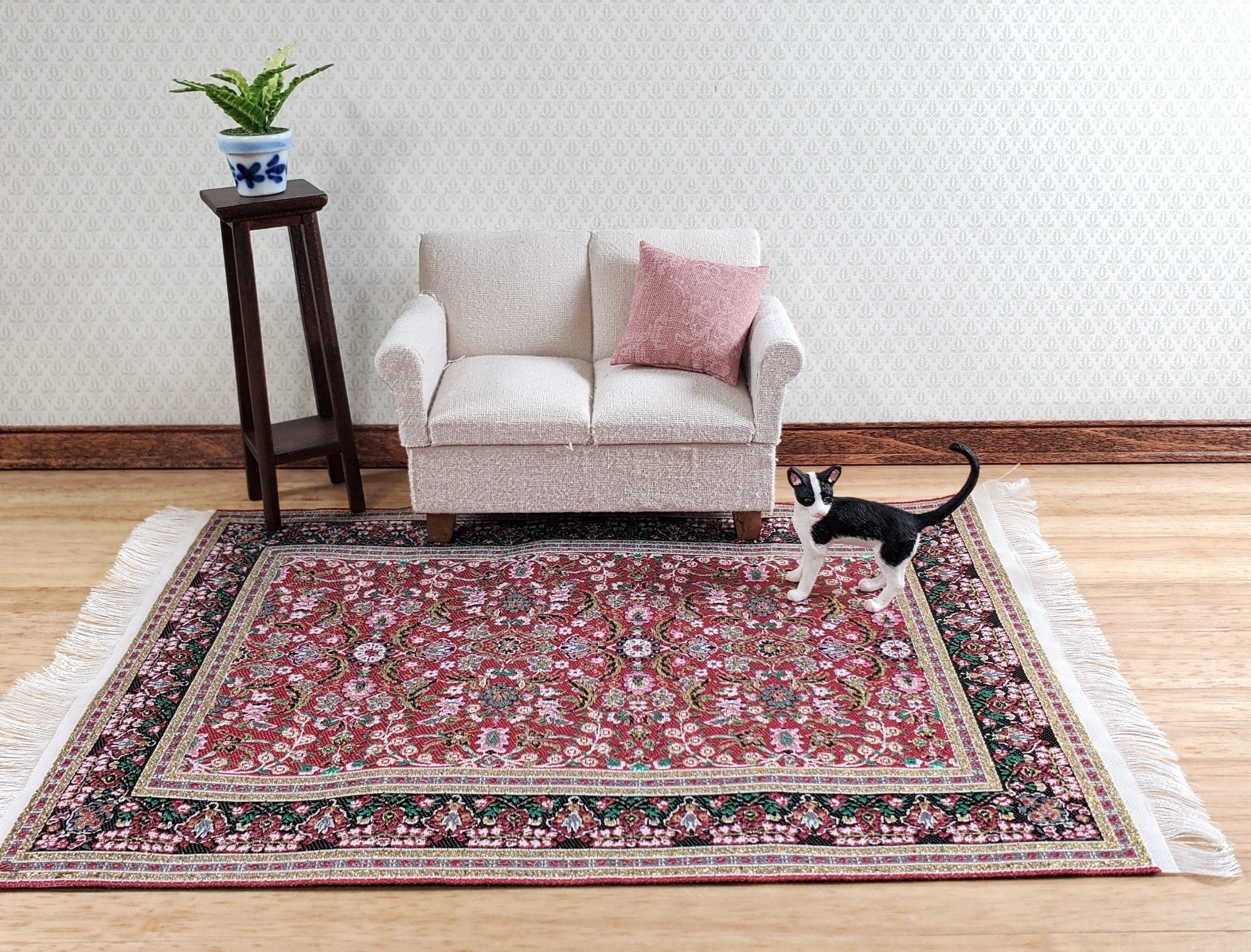 Dollhouse Large Rug Fabric 9" x 6" Pink Gold Black Green 1:12 Scale Miniature - Image 3