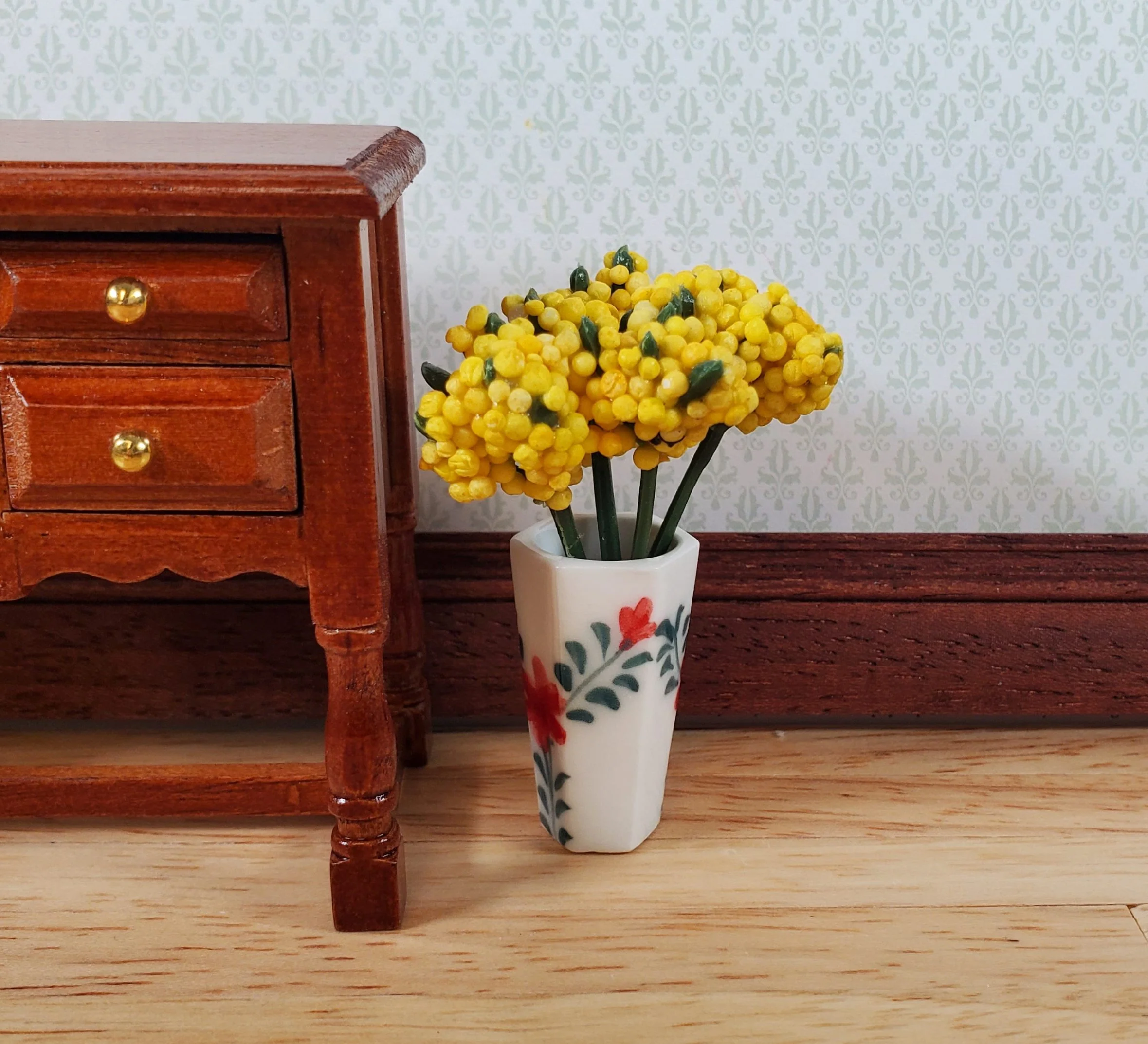 Dollhouse Large Vase White Ceramic Red Flower Design Use in 1:12 or 1/6 Scale - Image 3