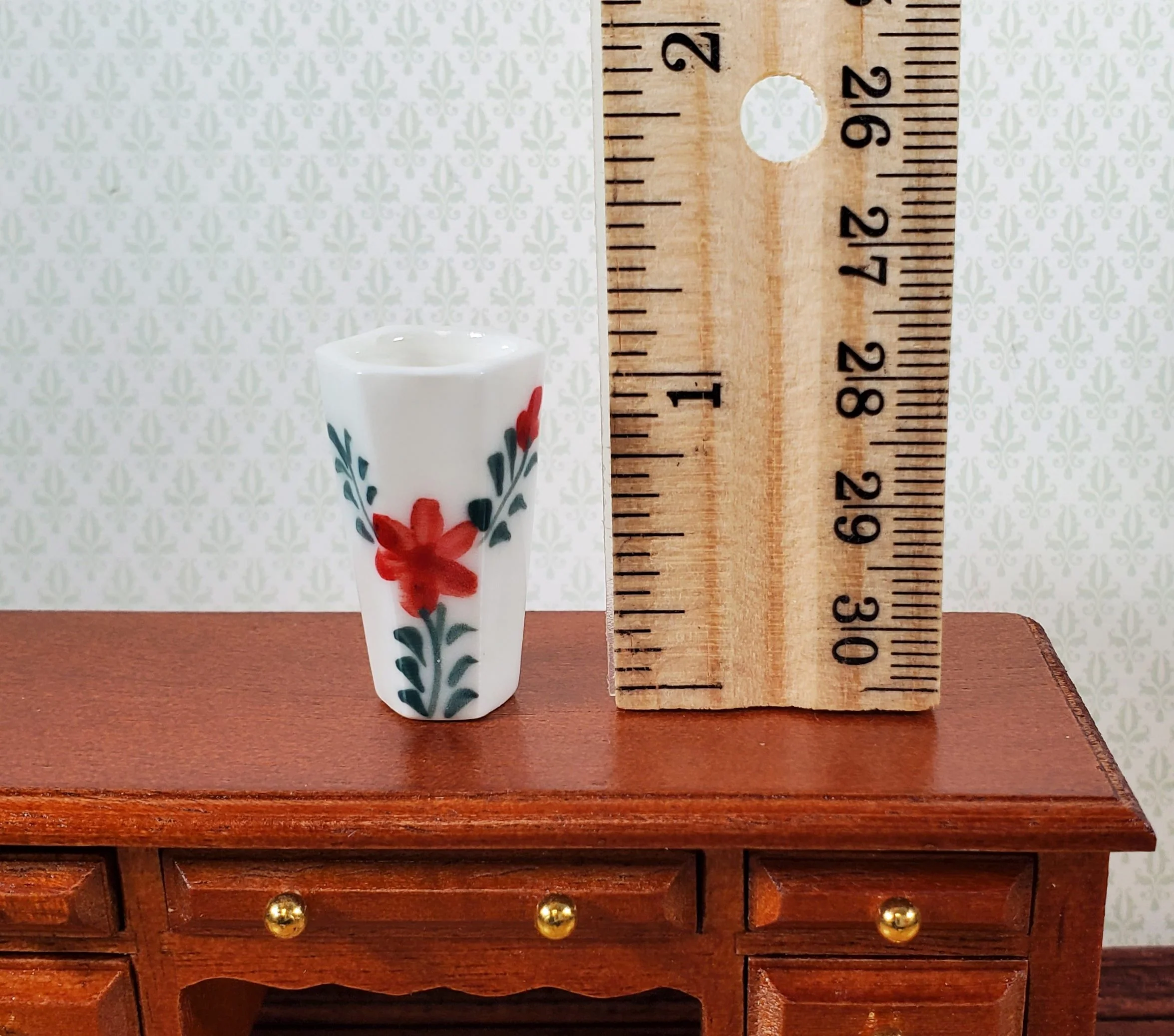Dollhouse Large Vase White Ceramic Red Flower Design Use in 1:12 or 1/6 Scale - Image 5