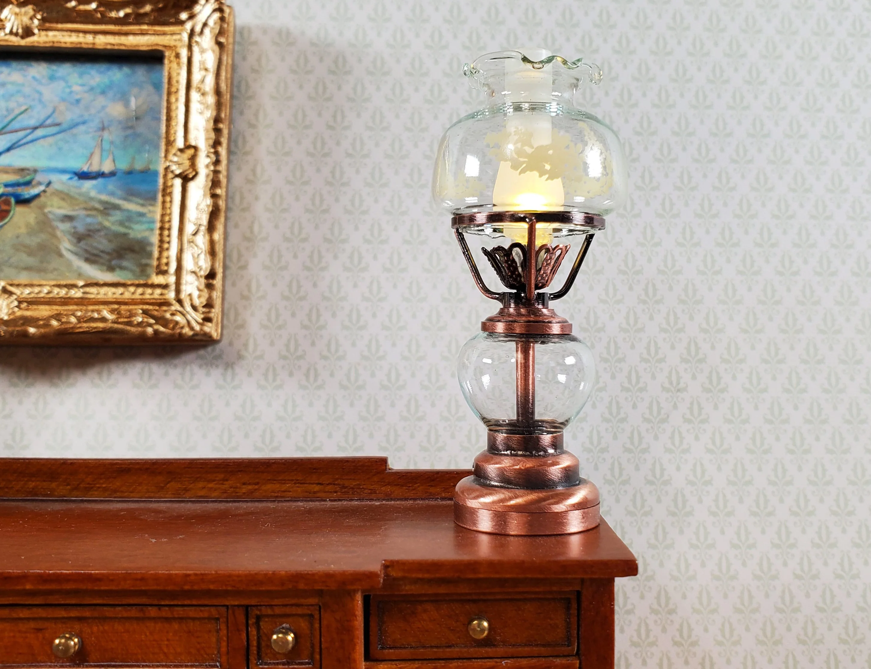 Dollhouse Light Hurricane Oil Lamp Battery Operated Copper 1:12 Scale Miniature - Image 2