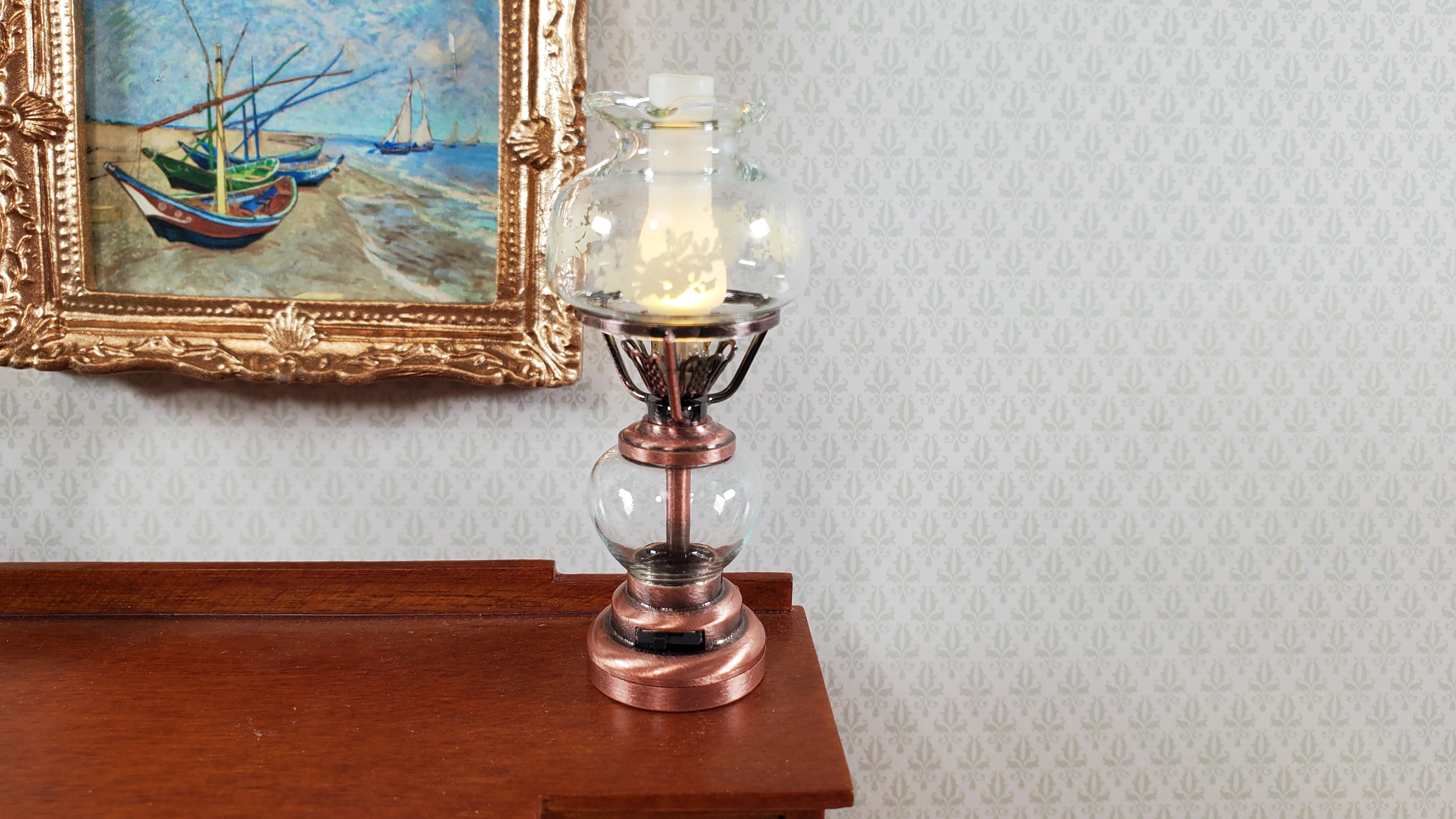 Dollhouse Light Hurricane Oil Lamp Battery Operated Copper 1:12 Scale Miniature - Image 4