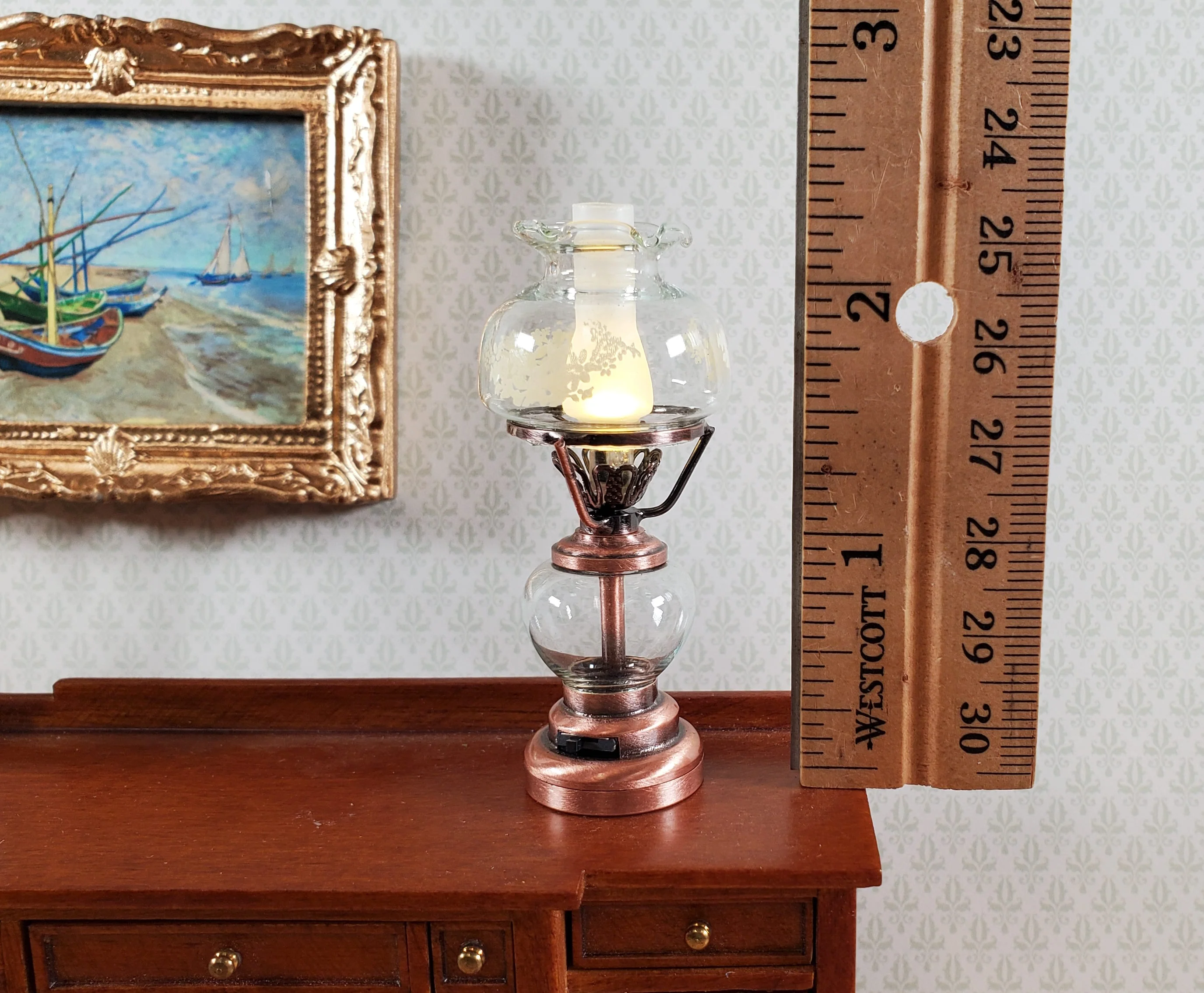 Dollhouse Light Hurricane Oil Lamp Battery Operated Copper 1:12 Scale Miniature - Image 5