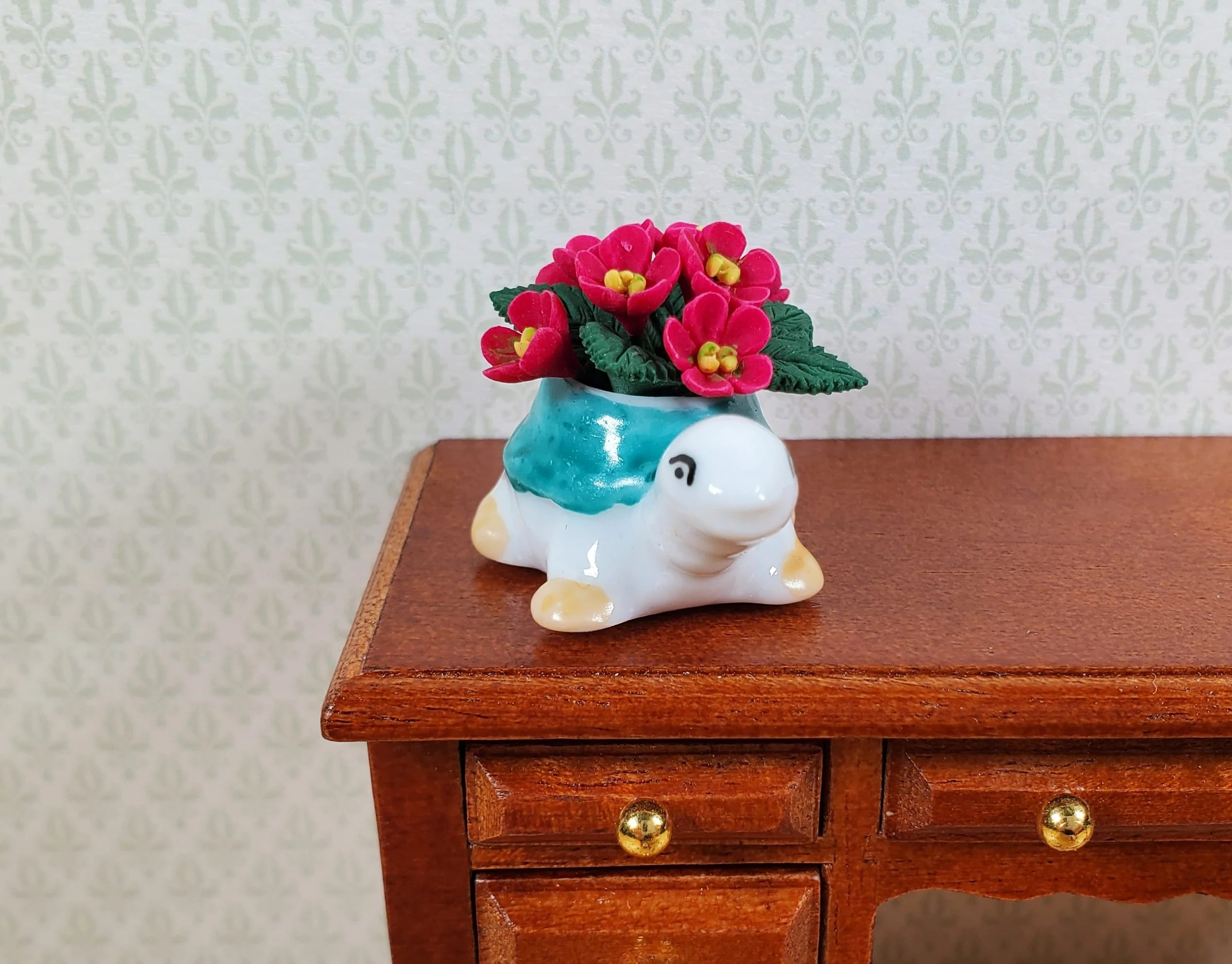 Dollhouse Magenta Flowers in a Ceramic Turtle Planter 1:12 Scale Miniature - Image 2