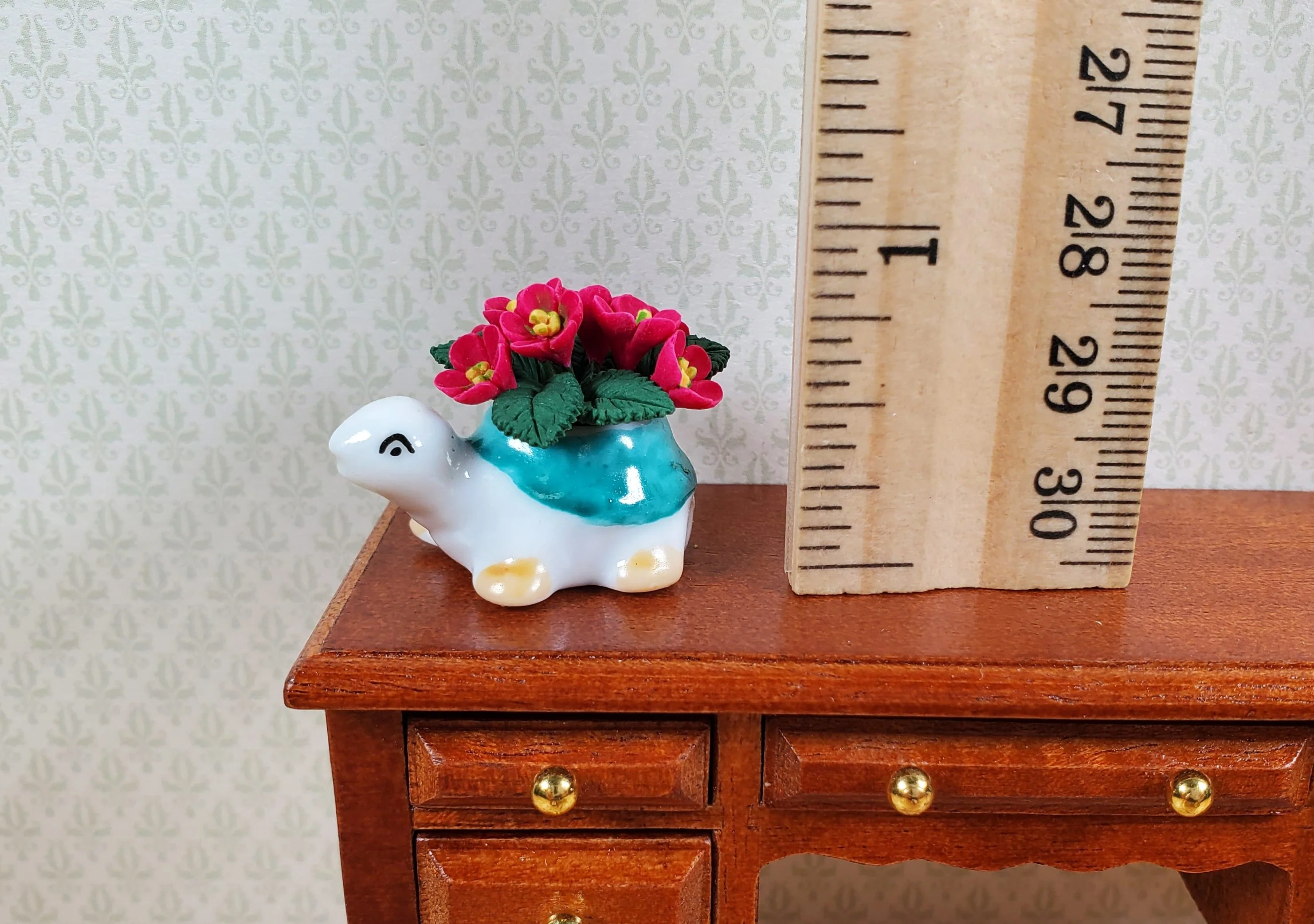 Dollhouse Magenta Flowers in a Ceramic Turtle Planter 1:12 Scale Miniature - Image 3