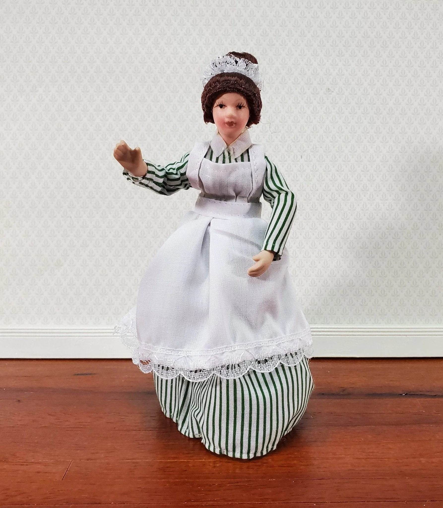 Dollhouse Maid Cook Housekeeper Striped Dress Doll Porcelain Poseable 1:12 Scale Woman