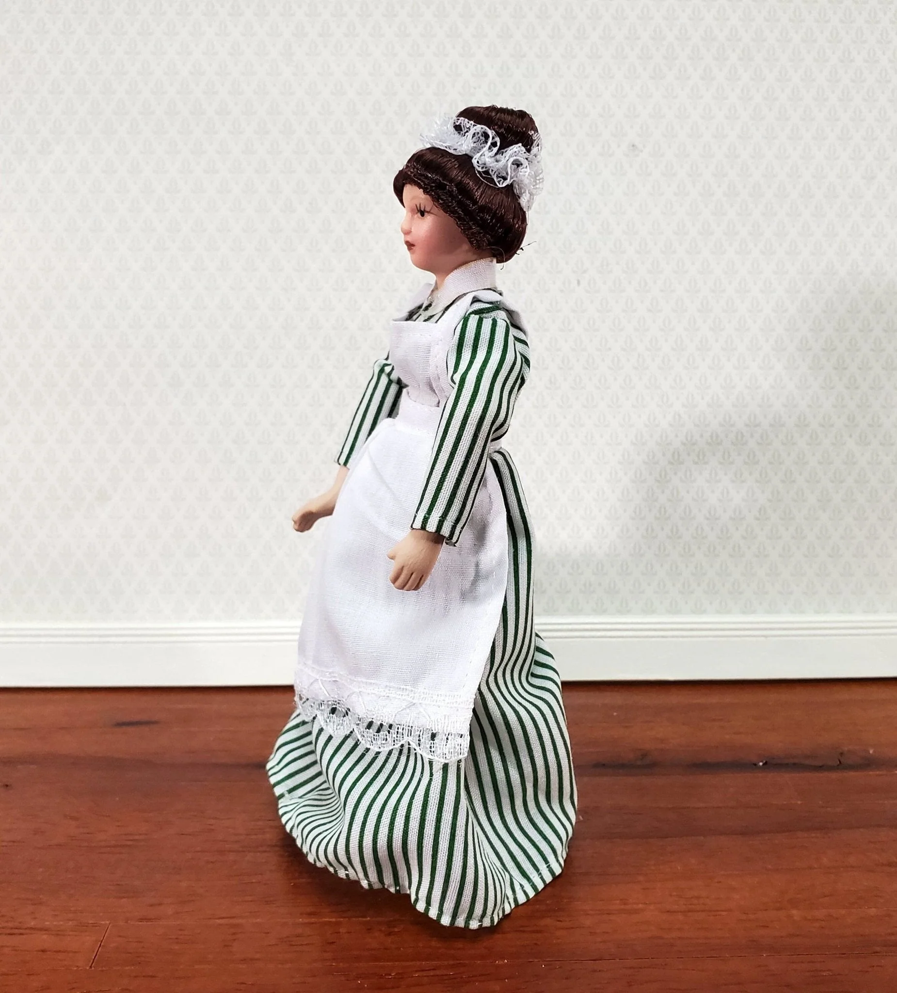 Dollhouse Maid Cook Housekeeper Striped Dress Doll Porcelain Poseable 1:12 Scale Woman - Image 2