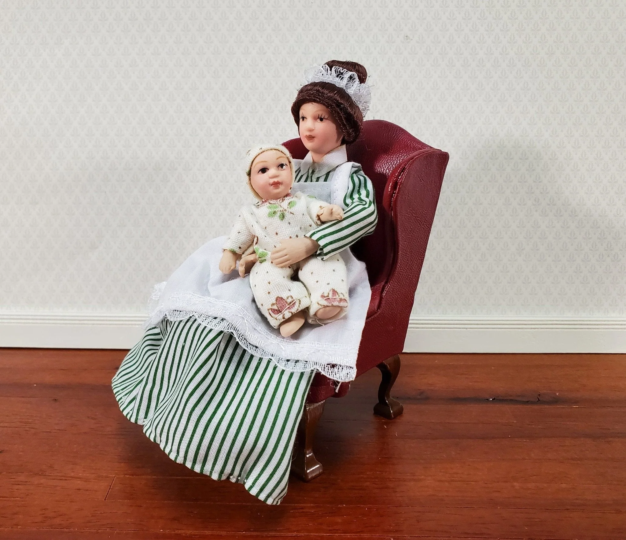 Dollhouse Maid Cook Housekeeper Striped Dress Doll Porcelain Poseable 1:12 Scale Woman - Image 6