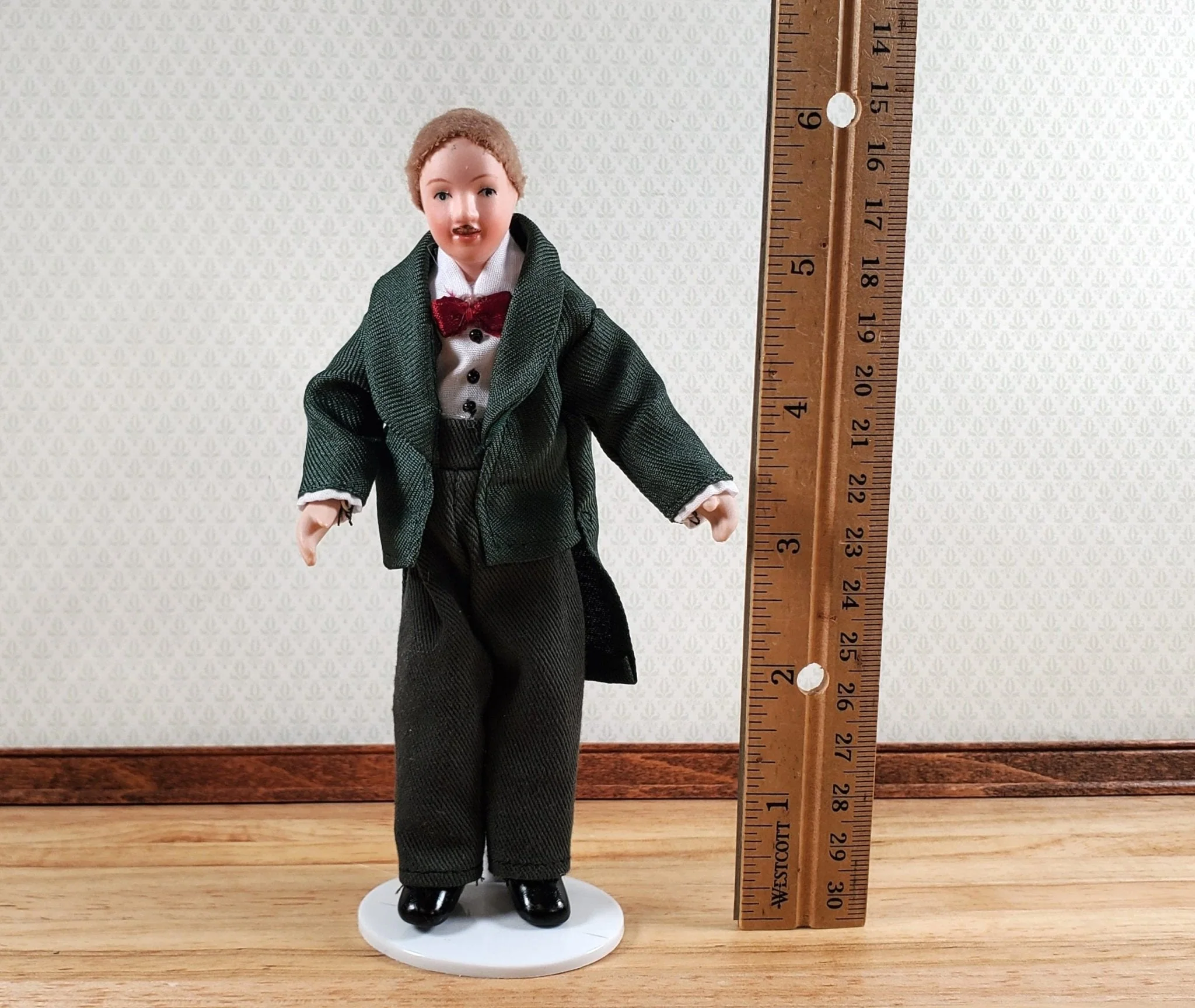 Dollhouse Man Doll Porcelain Dad Father Bow Tie 1:12 Scale Miniature Poseable - Image 4