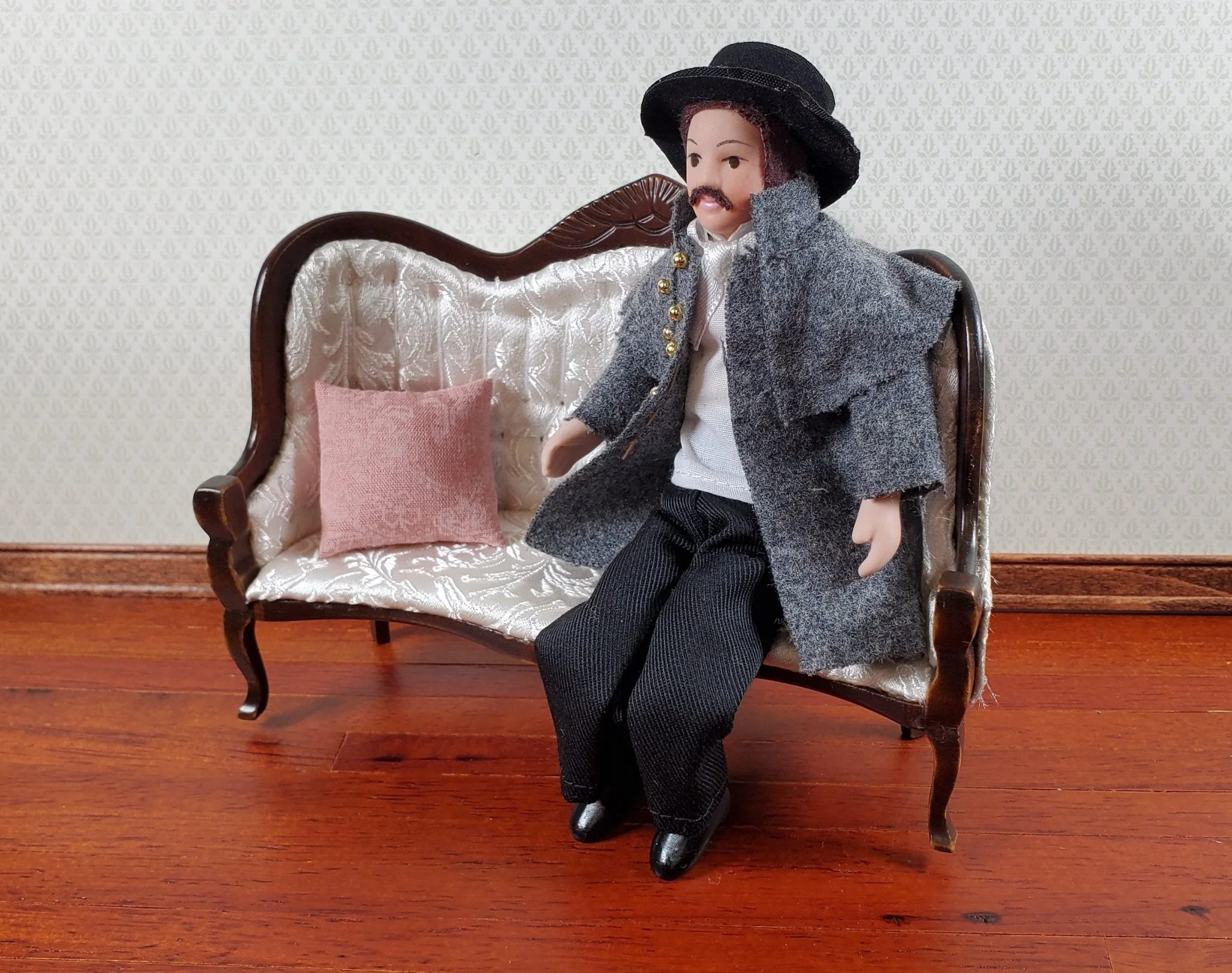 Dollhouse Man Doll Porcelain Victorian with Overcoat Hat 1:12 Scale Miniature - Image 3