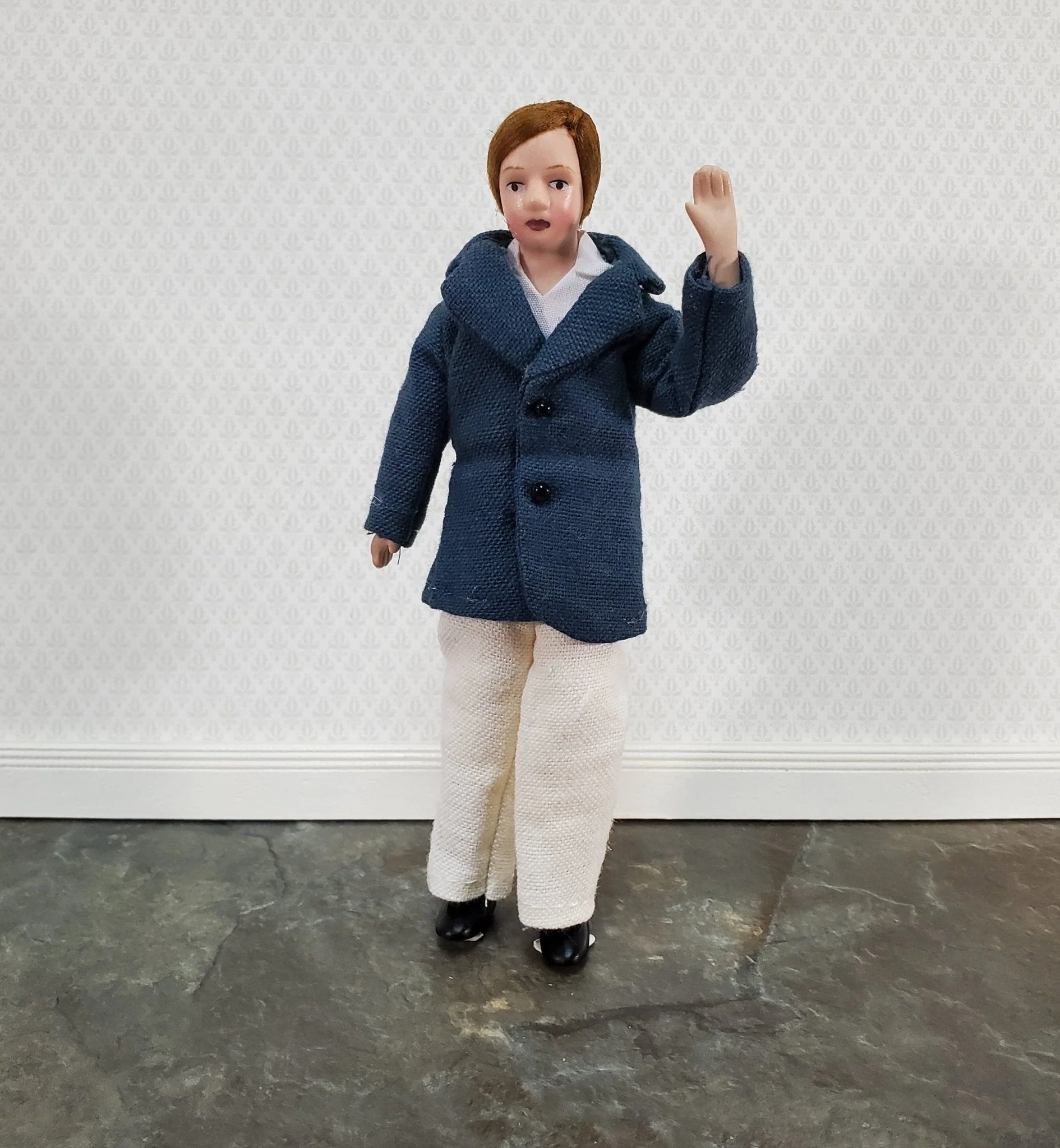 Dollhouse Man Modern Doll Porcelain Dad Father 1:12 Scale Blue Jacket - Image 2
