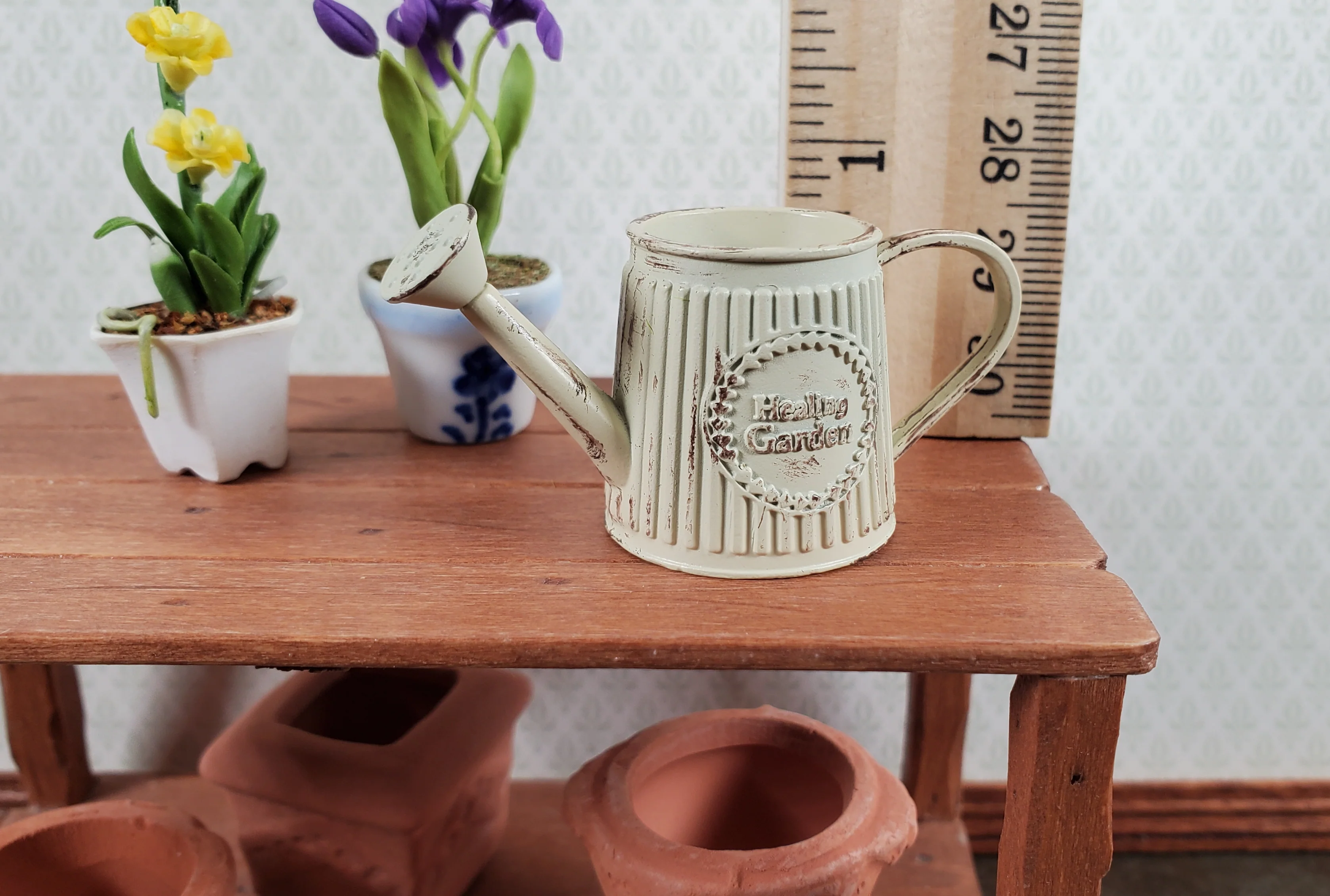 Dollhouse Metal Watering Can with Handle Aged White 1:12 Scale Miniature Garden - Image 4