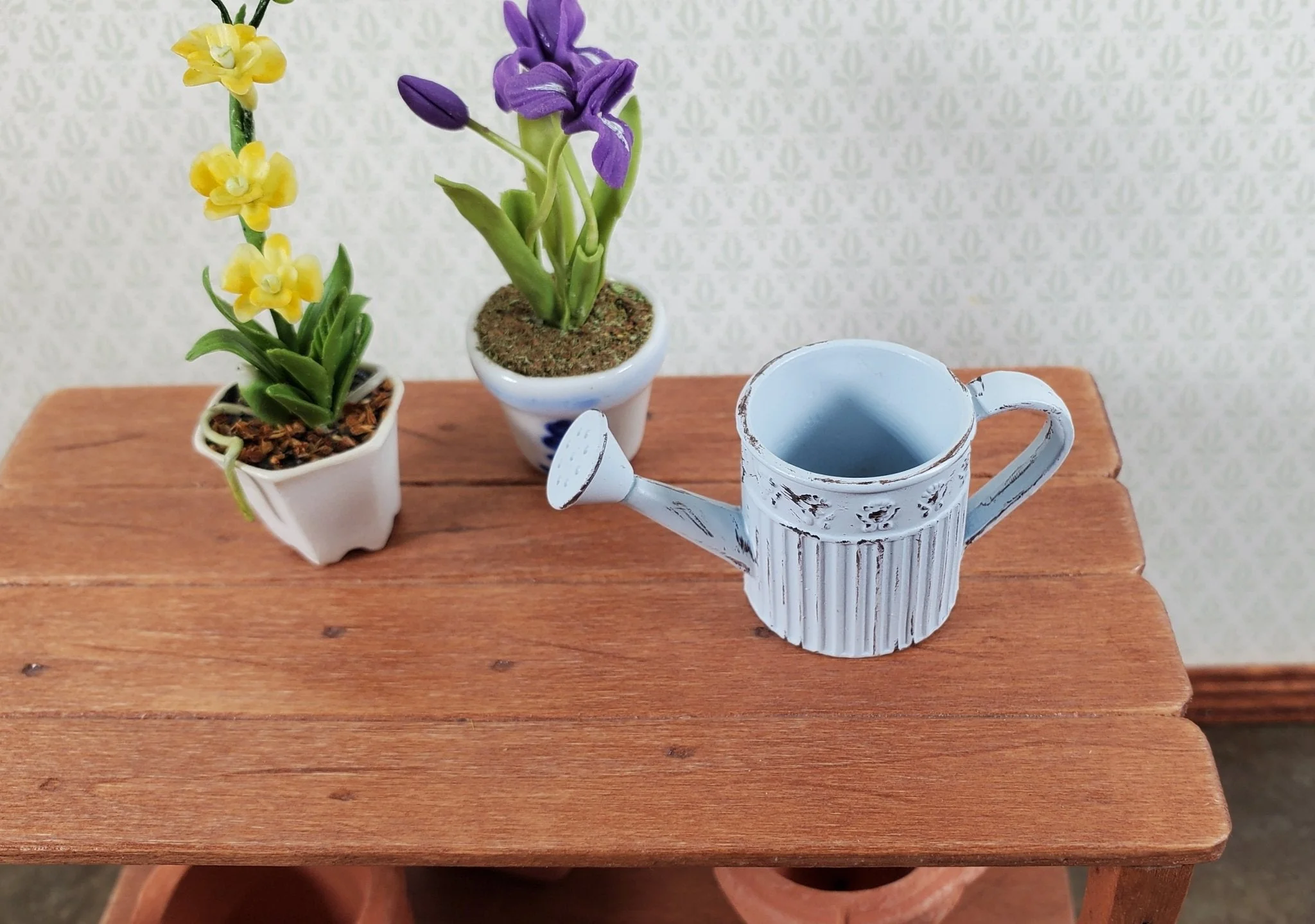 Dollhouse Metal Watering Can with Handle Pale Blue 1:12 Scale Miniature Garden Accessories - Image 2