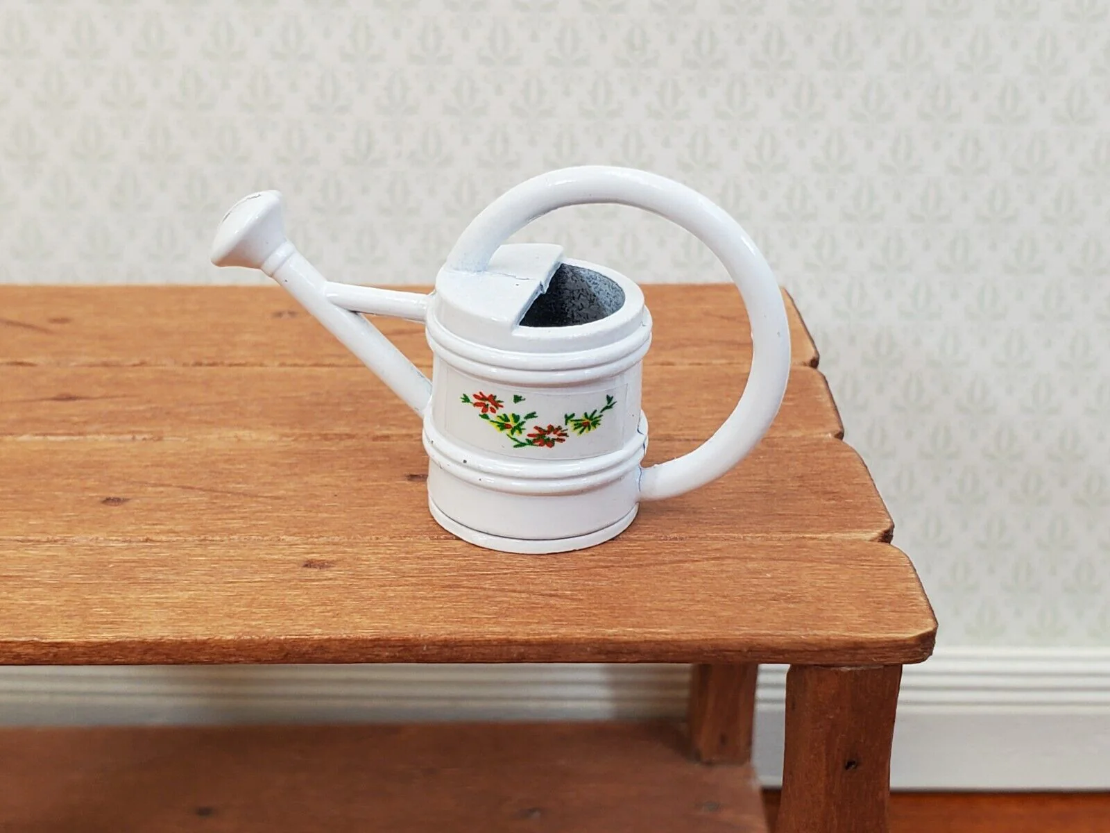 Dollhouse Metal Watering Can with Handle White w/ Flower Design 1:12 Scale Miniature Garden