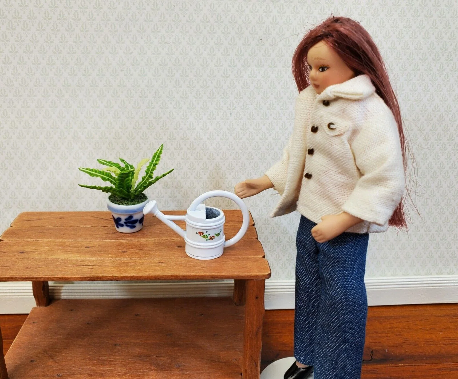 Dollhouse Metal Watering Can with Handle White w/ Flower Design 1:12 Scale Miniature Garden - Image 2