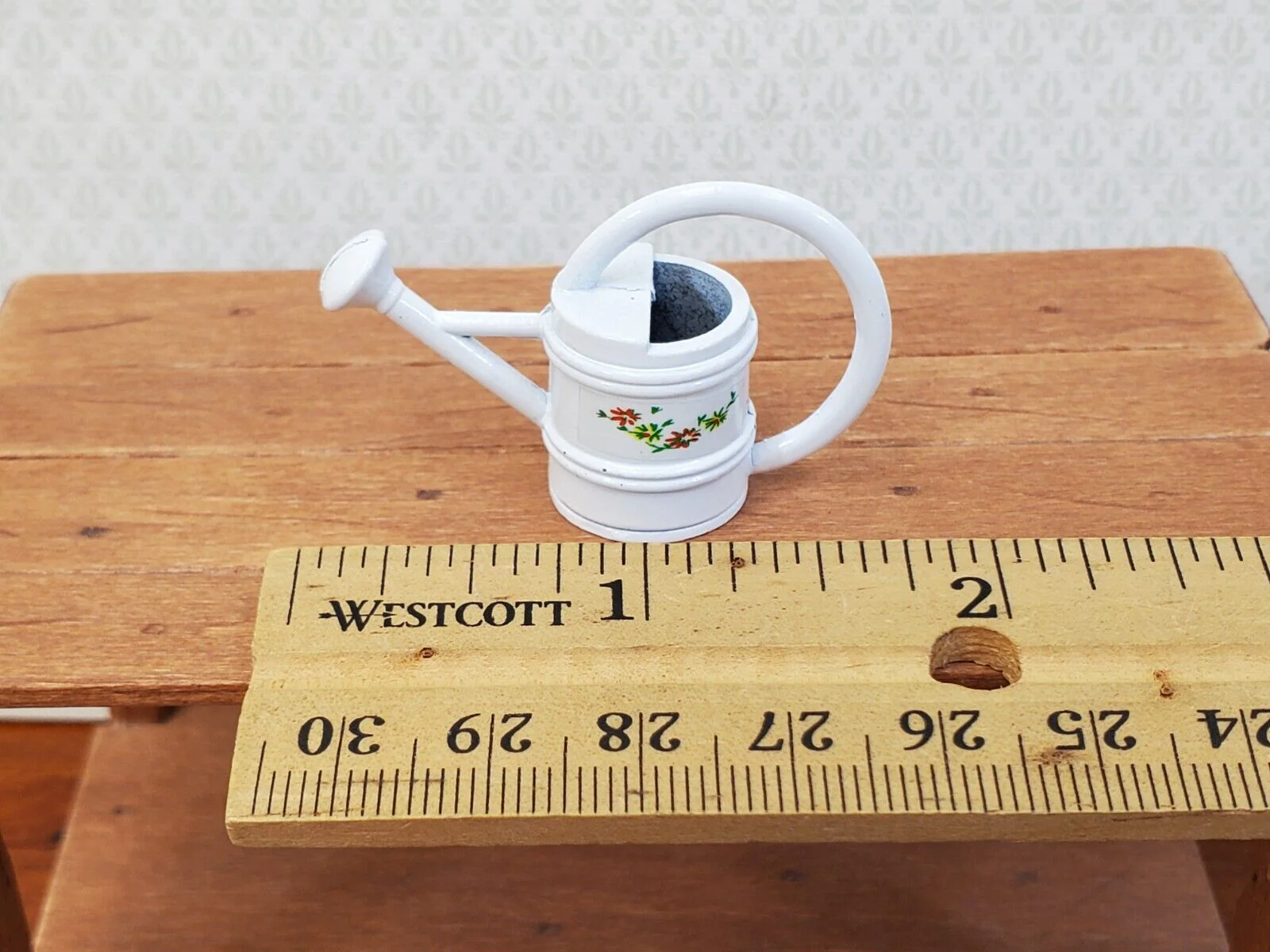 Dollhouse Metal Watering Can with Handle White w/ Flower Design 1:12 Scale Miniature Garden - Image 3