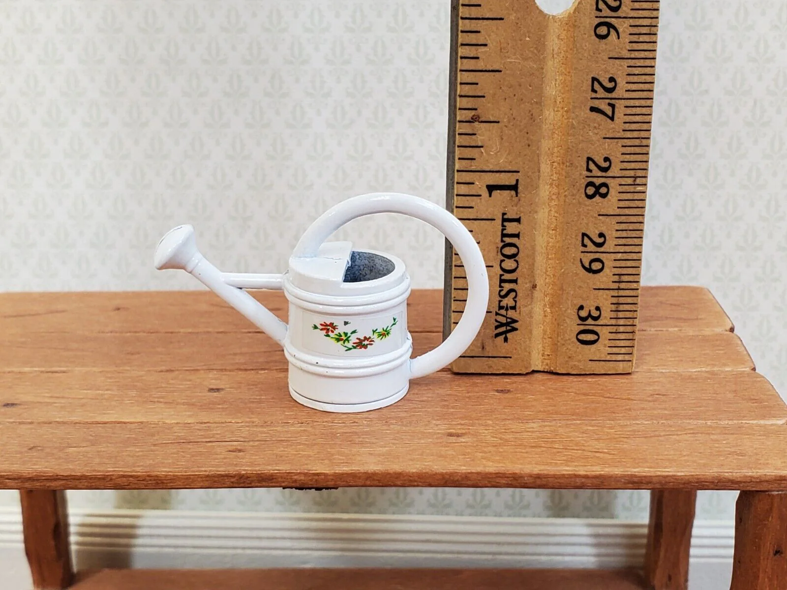 Dollhouse Metal Watering Can with Handle White w/ Flower Design 1:12 Scale Miniature Garden - Image 4