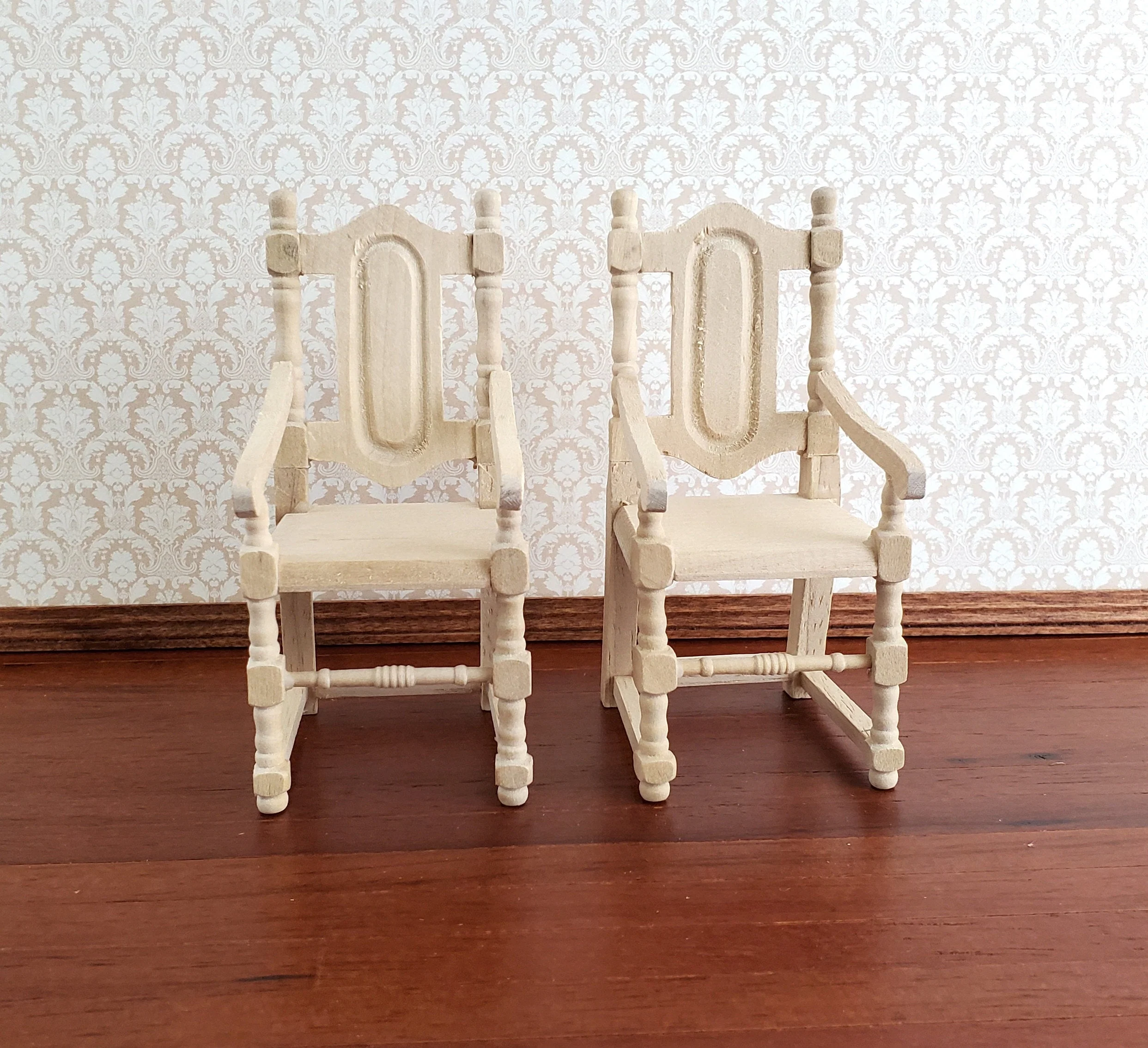 Dollhouse Miniature Arm Chairs Dining Room Set of 2 Unpainted Wood 1:12 Scale - Image 2