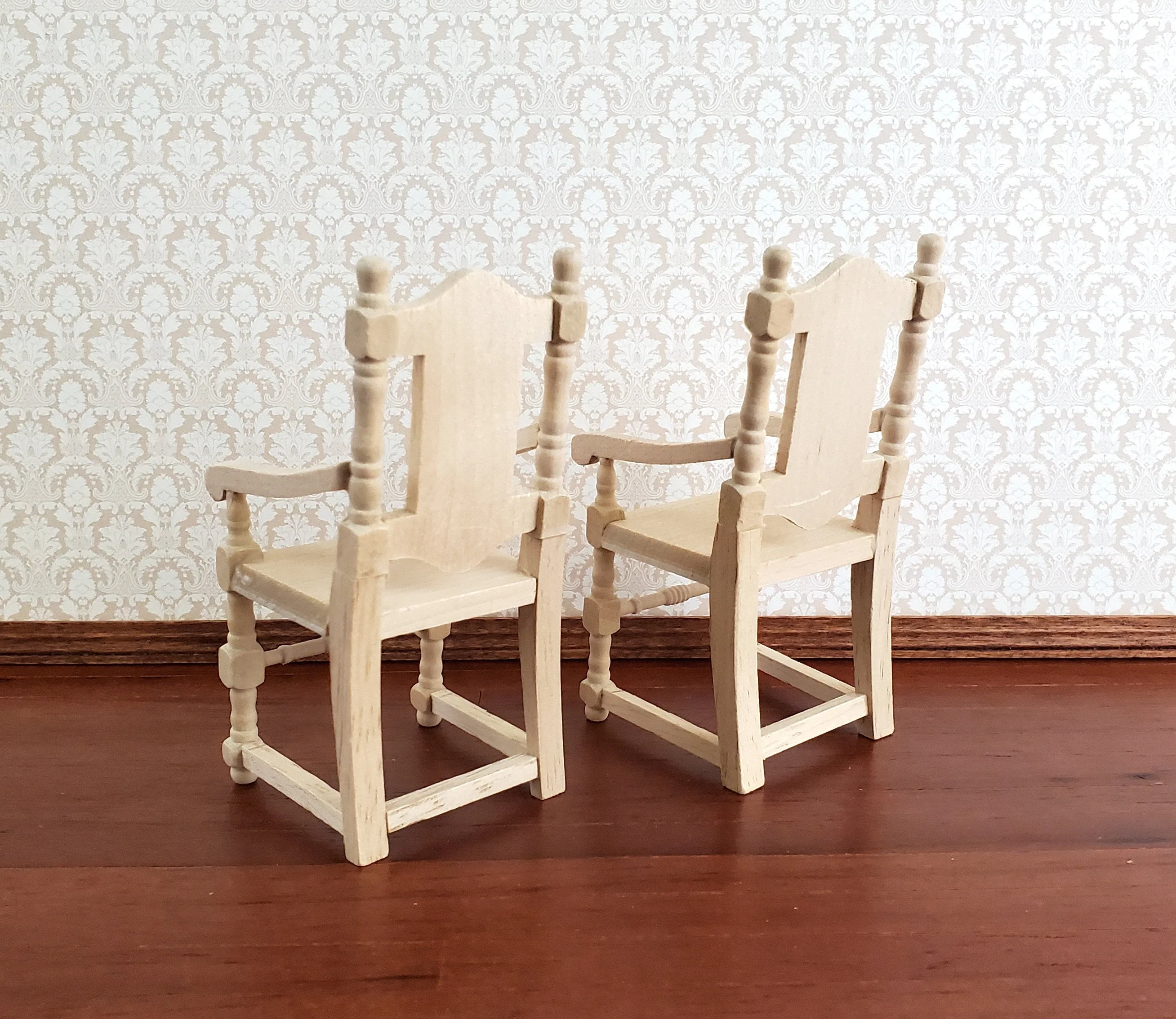 Dollhouse Miniature Arm Chairs Dining Room Set of 2 Unpainted Wood 1:12 Scale - Image 3