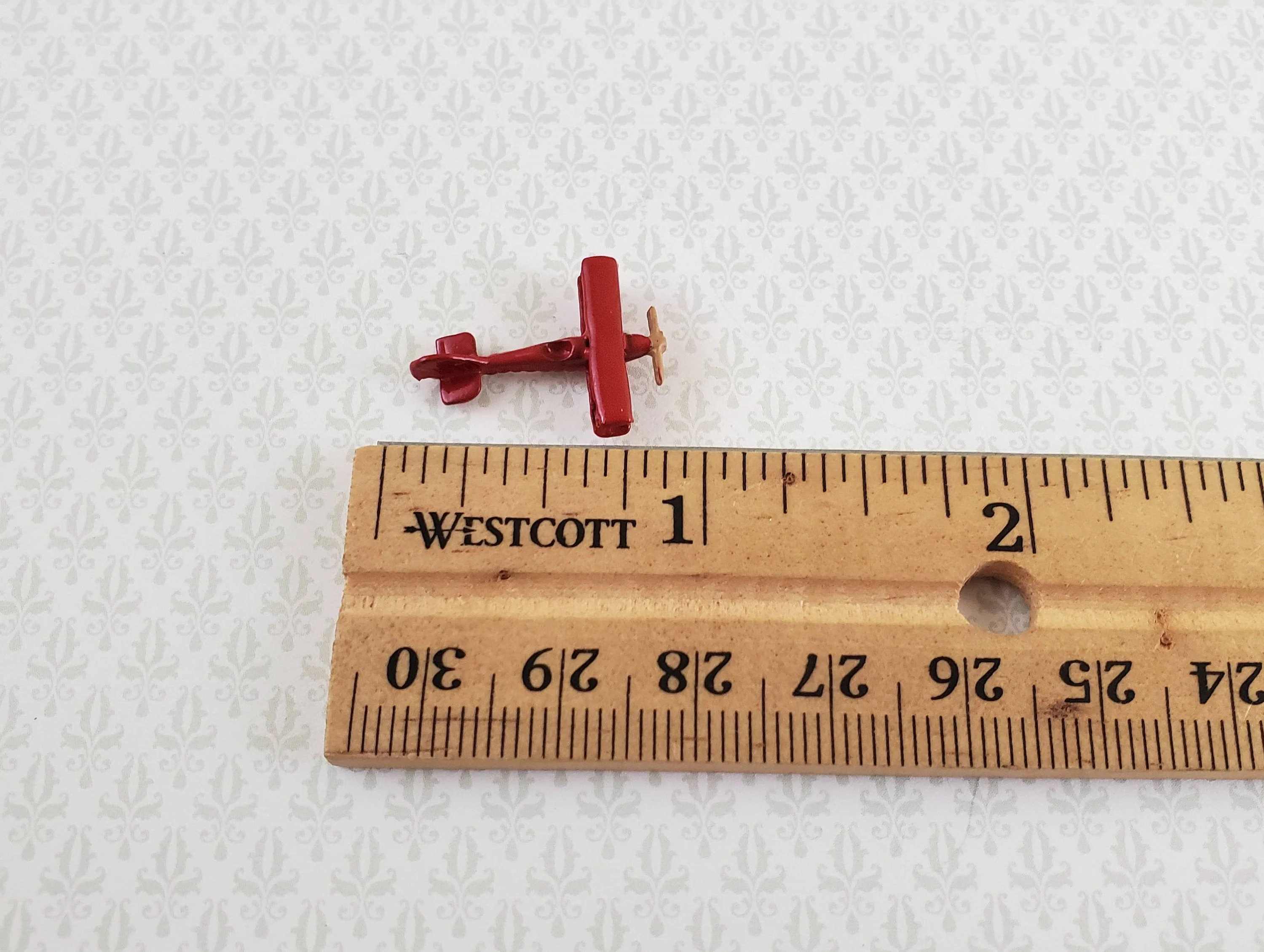 Dollhouse Miniature Bi-Plane Airplane Toy Tiny Red Painted Metal 1:12 Scale Plane - Image 3