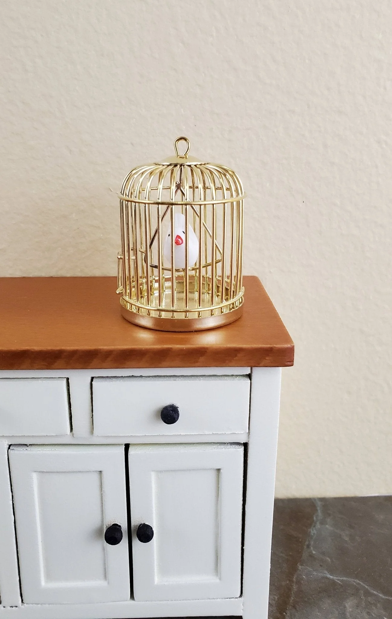 Dollhouse Miniature Birdcage Brass Gold Metal with White Bird 1:12 Scale - Image 2