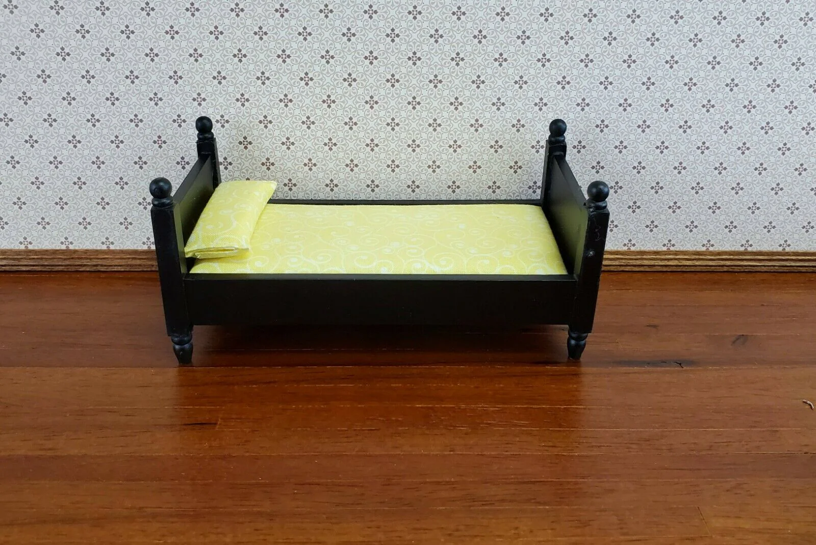 Dollhouse Miniature Black Bed with Mattress Pillow Sheets Small Childs 1:12 - Image 2
